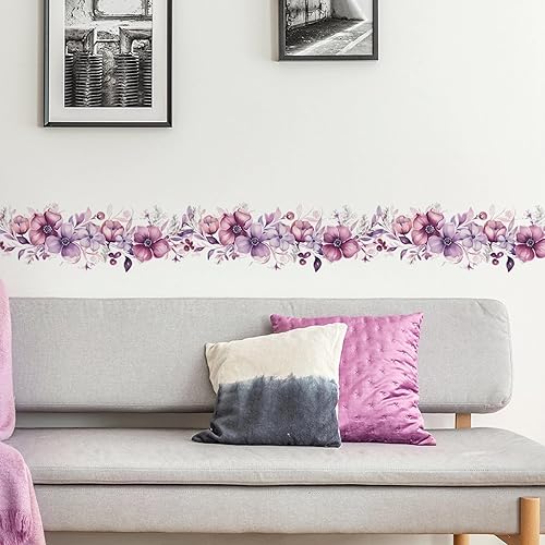 Miniatura 6 de Calcomanías románticas de pared de vid de flores moradas, sacinora botánico, arte floral de peonía, rosa, margarita, calcomanías de pared extraíbles