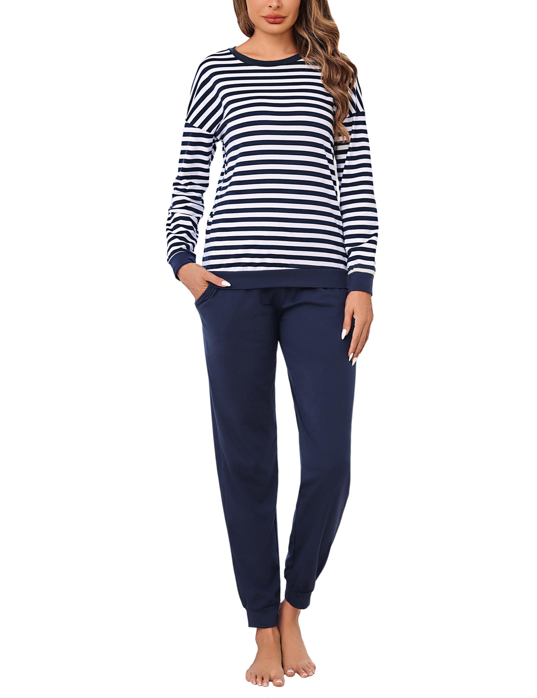 Bresdk Schlafanzug Damen Lang Pyjama Set Langarm Baumwolle Winter Nachtwäsche Frauen Blau L