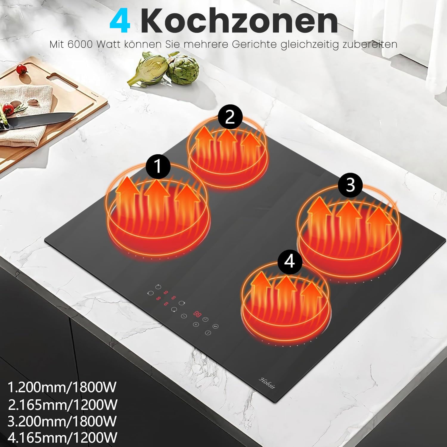 Glaskeramikkochfeld 4 Zonen 60cm 6000W 9 Leistungsstufe Sensor-touch Control Autark verkabelt