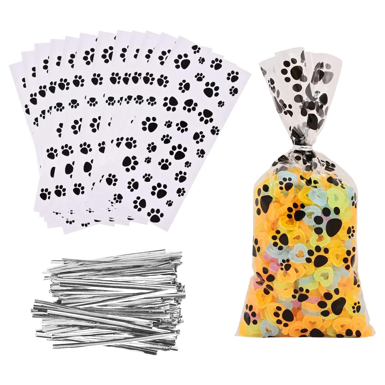 CSDPC Pet Paw Print Cone Cellophane Bags, 50 Count, Dog & Cat Treat Bags with Twist Ties, Striped, Birthday Party Gift Bags