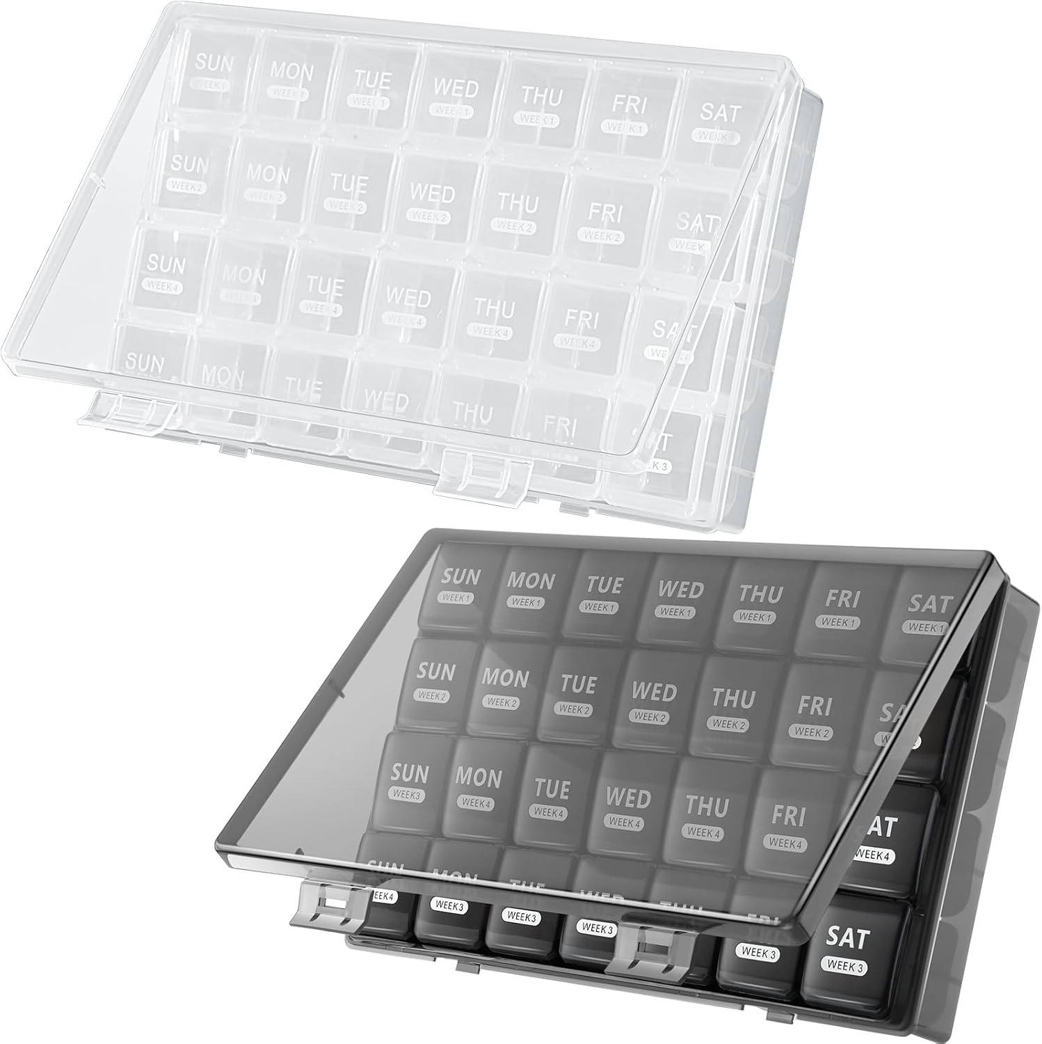 Lallisa 2 Pack Monthly Pill Organizer 28 Day Pill Storage Box Organizer Large 4 Weeks One Month Pill Case with Dust Proof Container, Medicine Organizer for Fish Oils, Supplements (Black, Clear)