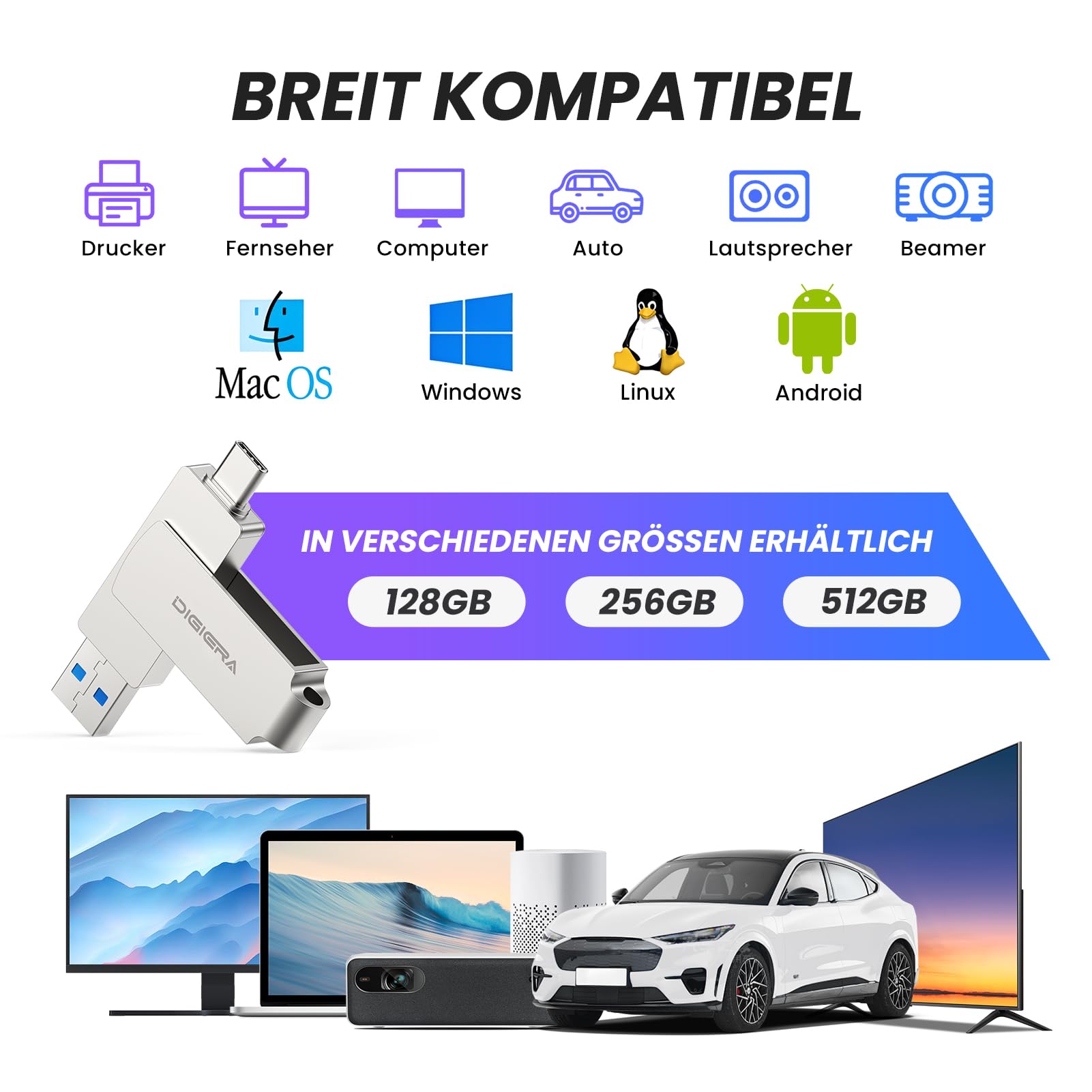 DIGIERA Chiavetta USB 2 in 1 da 512 GB 2 in 1, USB 3.2 Gen 2 Thumb Drive, 500 MB/s in lettura 400 MB/s in scrittura, girevole a 360°, in alluminio, compatta per trasferimento file, backup e