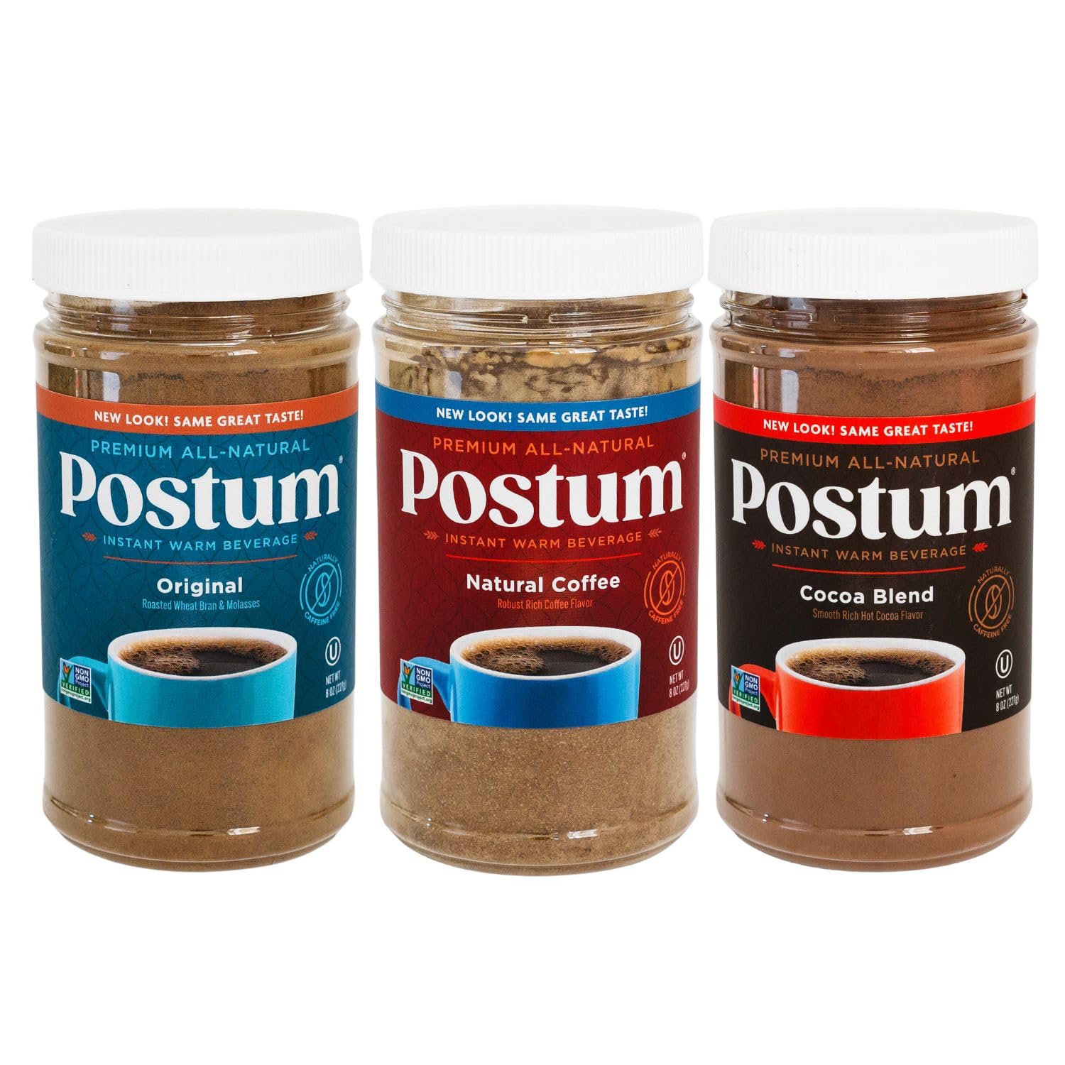 PostumVariety Bundle Coffee Substitute (3x8oz) | Postum Original, Cocoa, and Natural Caffeine Free Coffee Alternative with Roasted Wheat & Molasses | Natural, Non-GMO, Vegan Coffee Replacement Drink