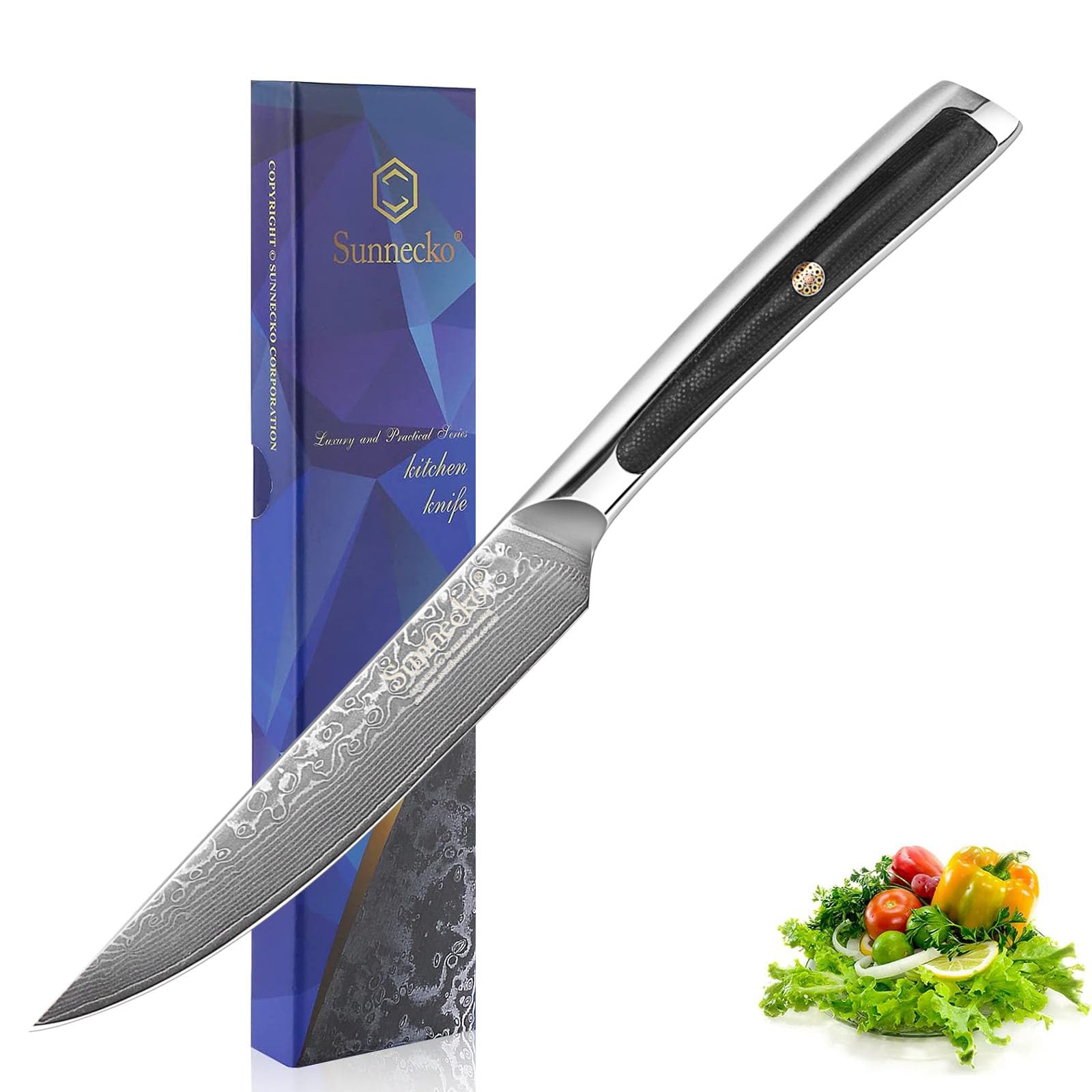 Sunnecko Couteau à Steak Japonais Professionnel 13cm, Couteau de Table en Acier Damas 73 Couches Poignée G10, Couteau de Cuisine Multifonction à Viande
