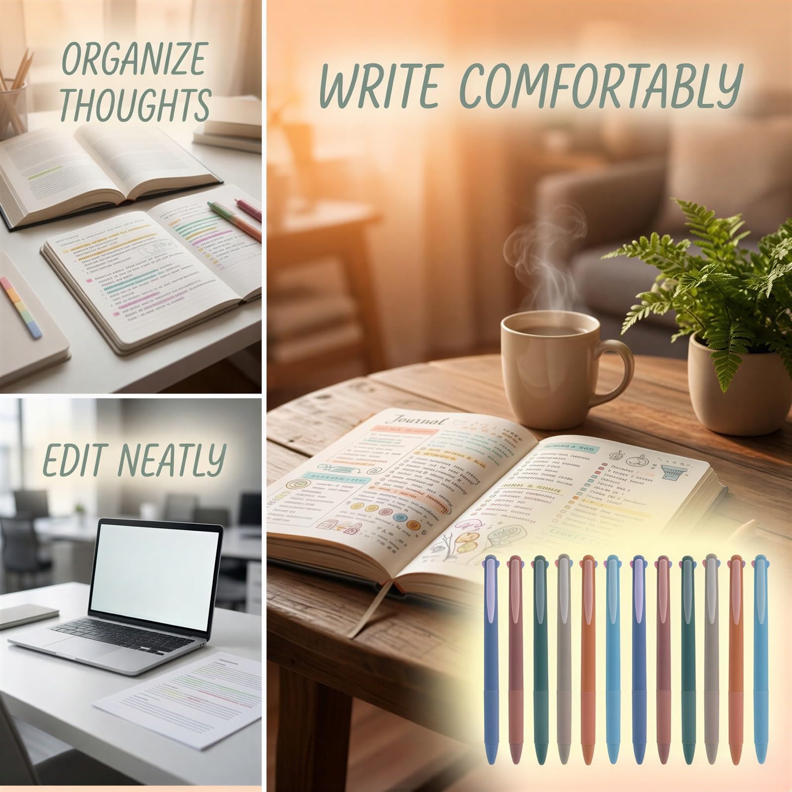 Lot de 12 stylos rétractables multicolores 4 en 1, pointe fine 0,5 mm, tons terre, encre à séchage rapide, écriture fluide pour prise de notes, journaling, école, bureau, 14,6 x 1,5 cm