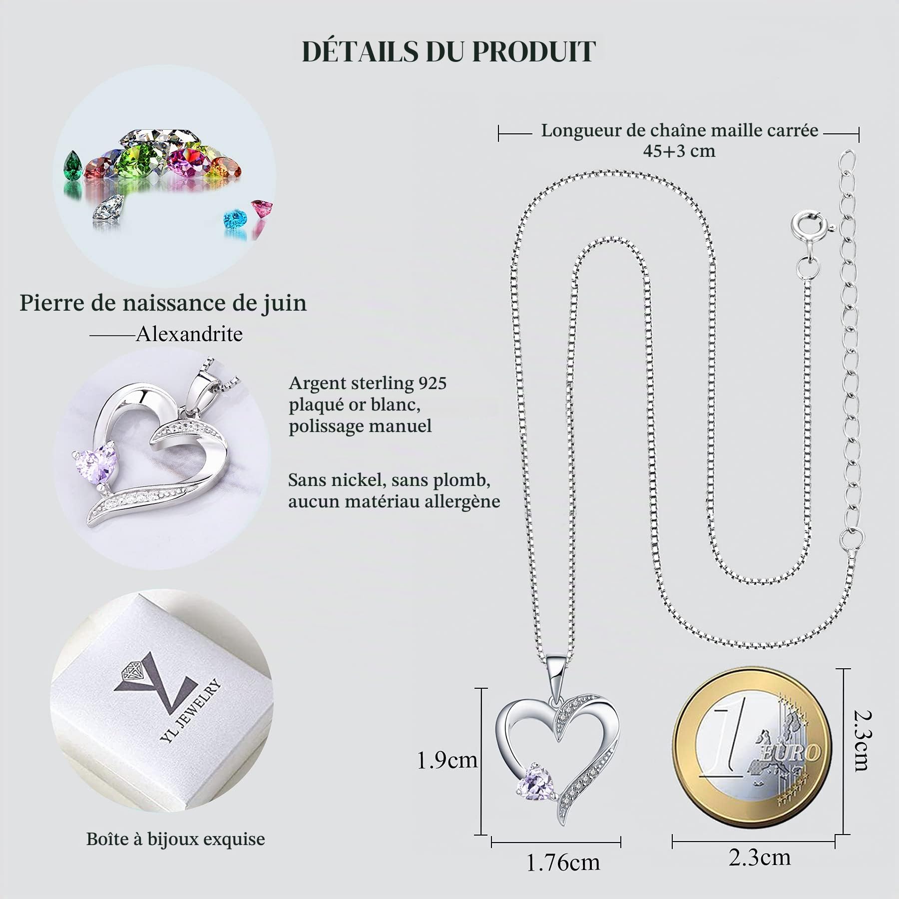 YL Collier Coeur Argent 925 avec 12 Pierres de Naissance Oxyde de Zirconium Pendentif Coeur pour Femme, 45-48cm
