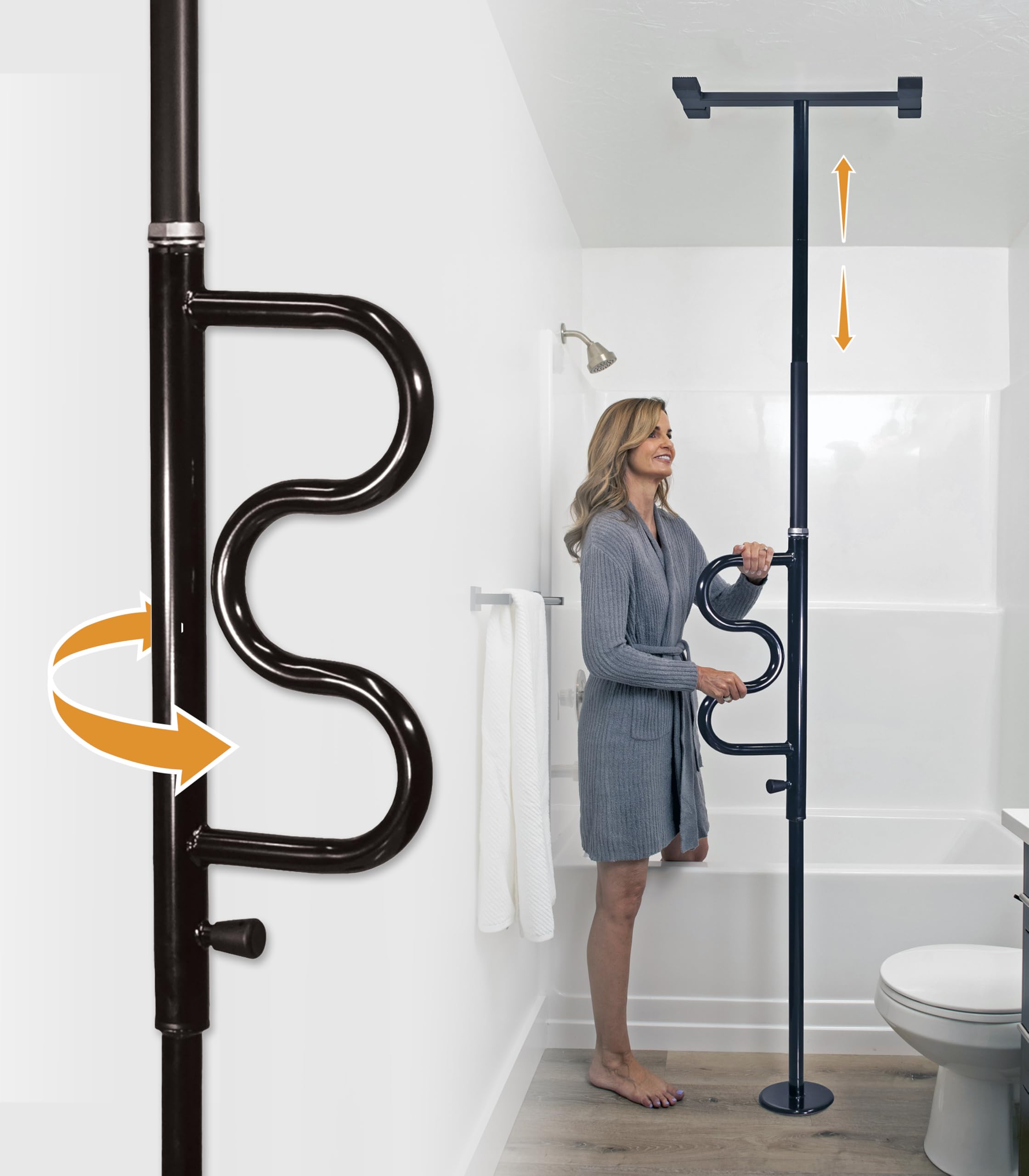 Photo 1 of Stander Wonder Pole Plus with Rotating Double Grab Bar, Tension Mounted Security Pole for Seniors & Elderly Adults, No-Drill Floor to Ceiling Transfer Pole for Home & Bath Safety, Black