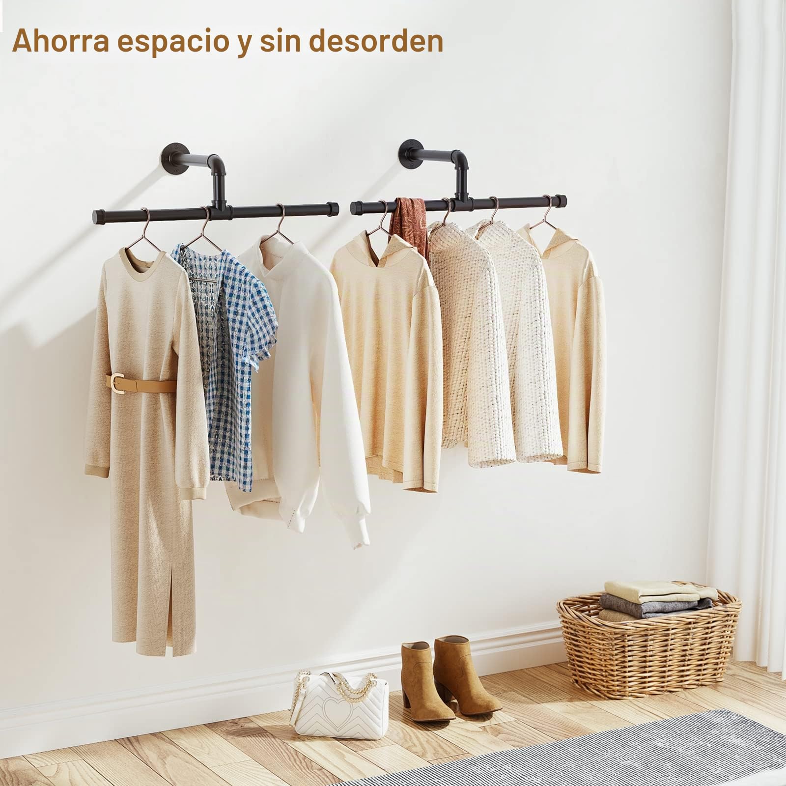 FANHAO Perchero de Pared, Barras de suspensión para Ropa de tuberías industriales, Ahorro de Espacio, 92 x 30 x 7,5 cm, Capacidad de 50 kg, fácil instalación-Juego de 2