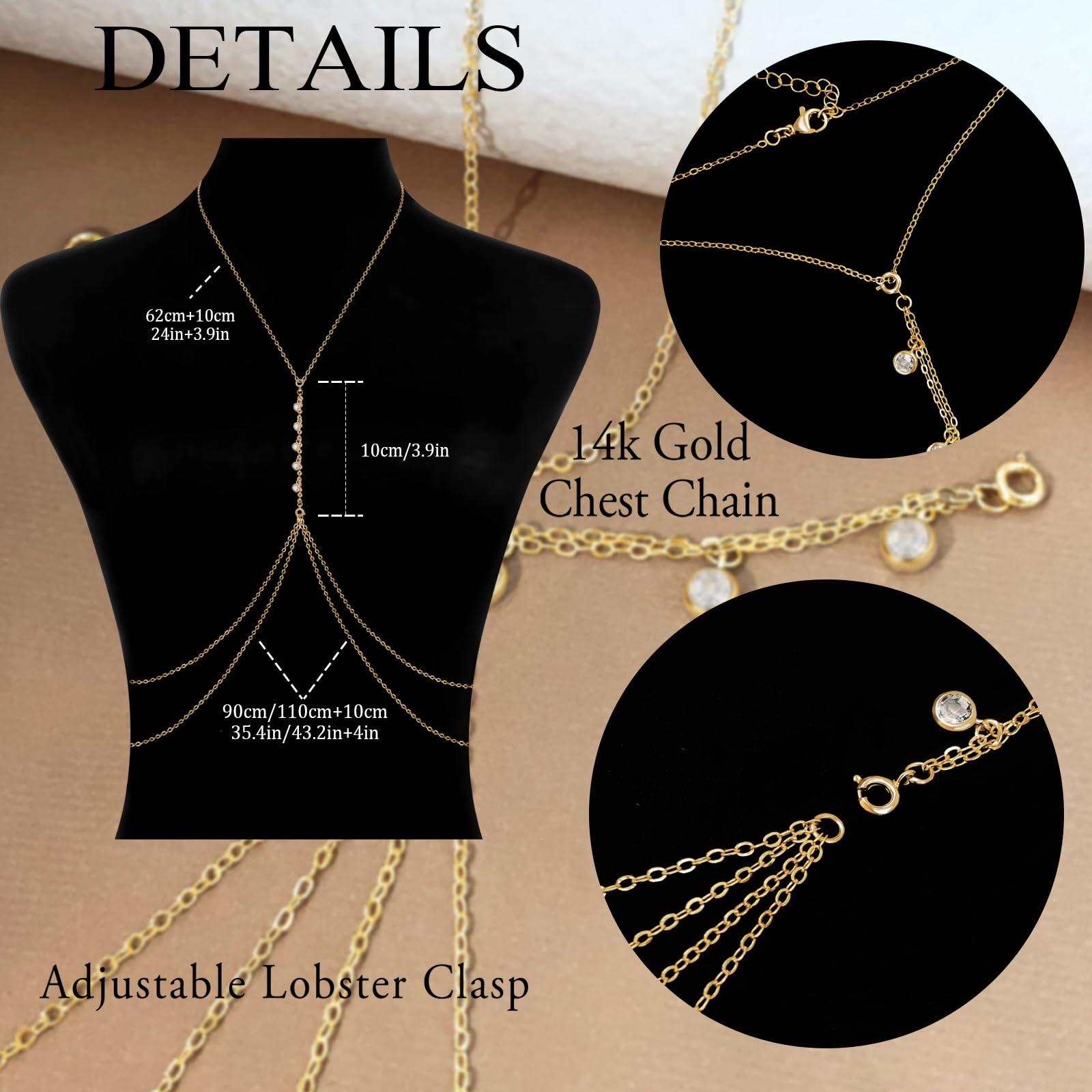 HERIER 14K Gold Plated Body Chains for Women, Sexy Layered Belly Waist Chain Crossover Bikini Bra Body Jewelry, Summer Beach Rhinestone Crystal Beads Jewelry Accessories for Women: Gold-Beads