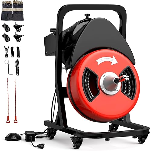 Garvee 50 FT x 1/2 Inch Drain Cleaner Machine, Sewer Snake Electric Cleaning Machine with Wheels for 2" to 4" Pipes, Plumbing Power Augers Cleaner with 4 Cutter and Foot Switch for Sewer, Sink, Toilet