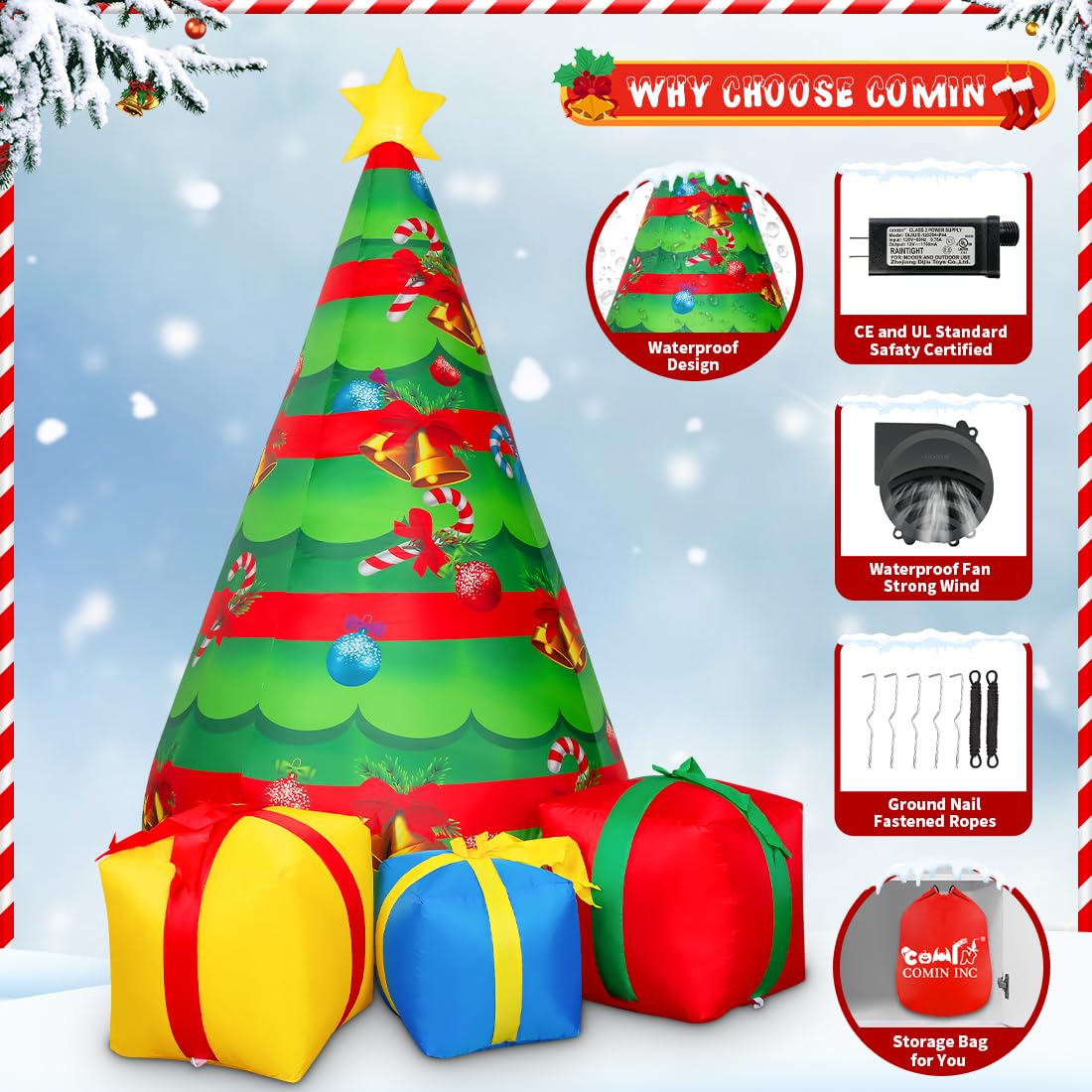 COMIN Pupazzo di neve gonfiabile natalizio all'aperto con scatola, decorazione da cortile con luci LED integrate per vacanze/festa/Natale/cortile/giardino