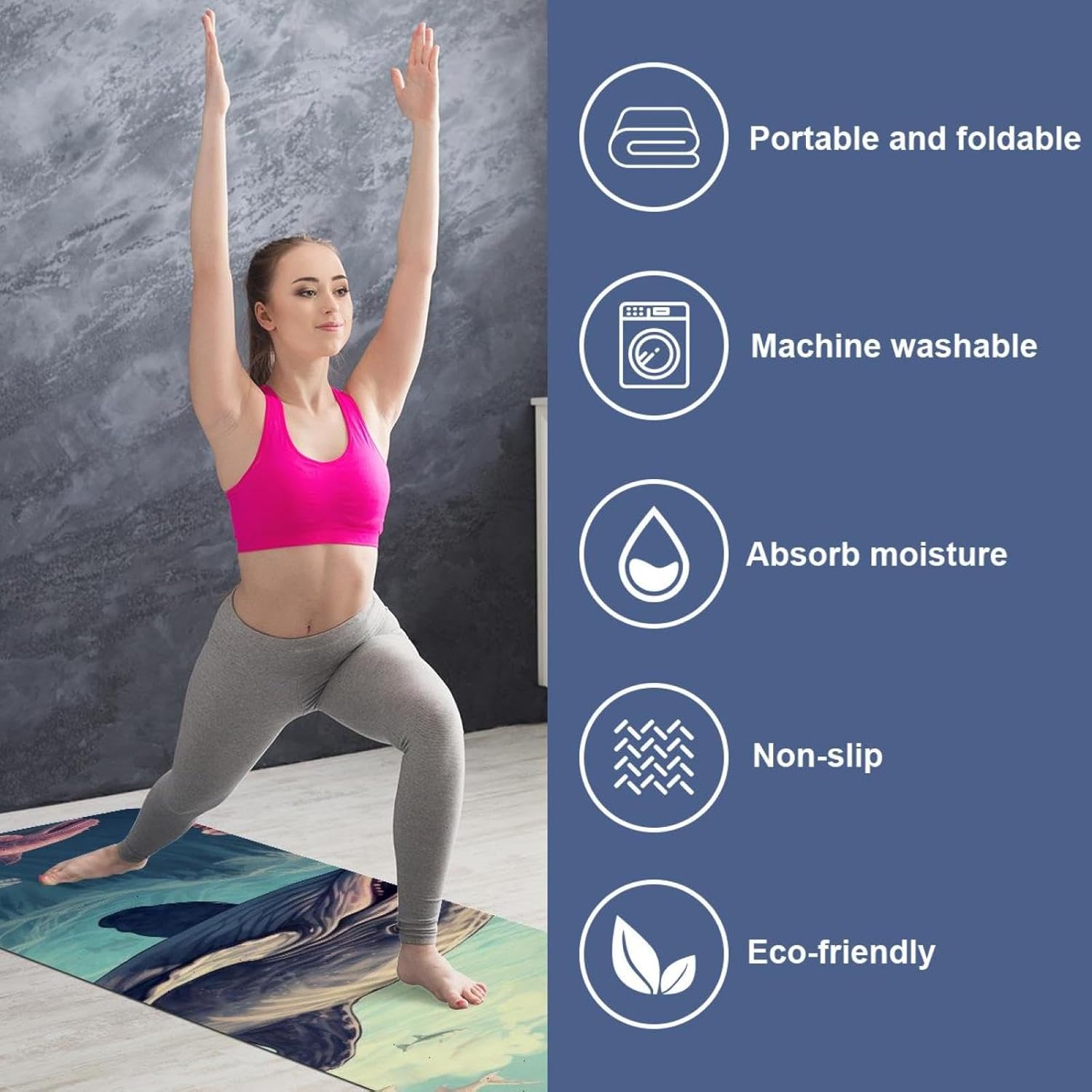 Yoga Towel, Whale Sea Pattern Non Slip Sweat Absorbent Hot Yoga Mat Towel for Hot Yoga, Pilates and Fitness - 72.8" x 26.8"