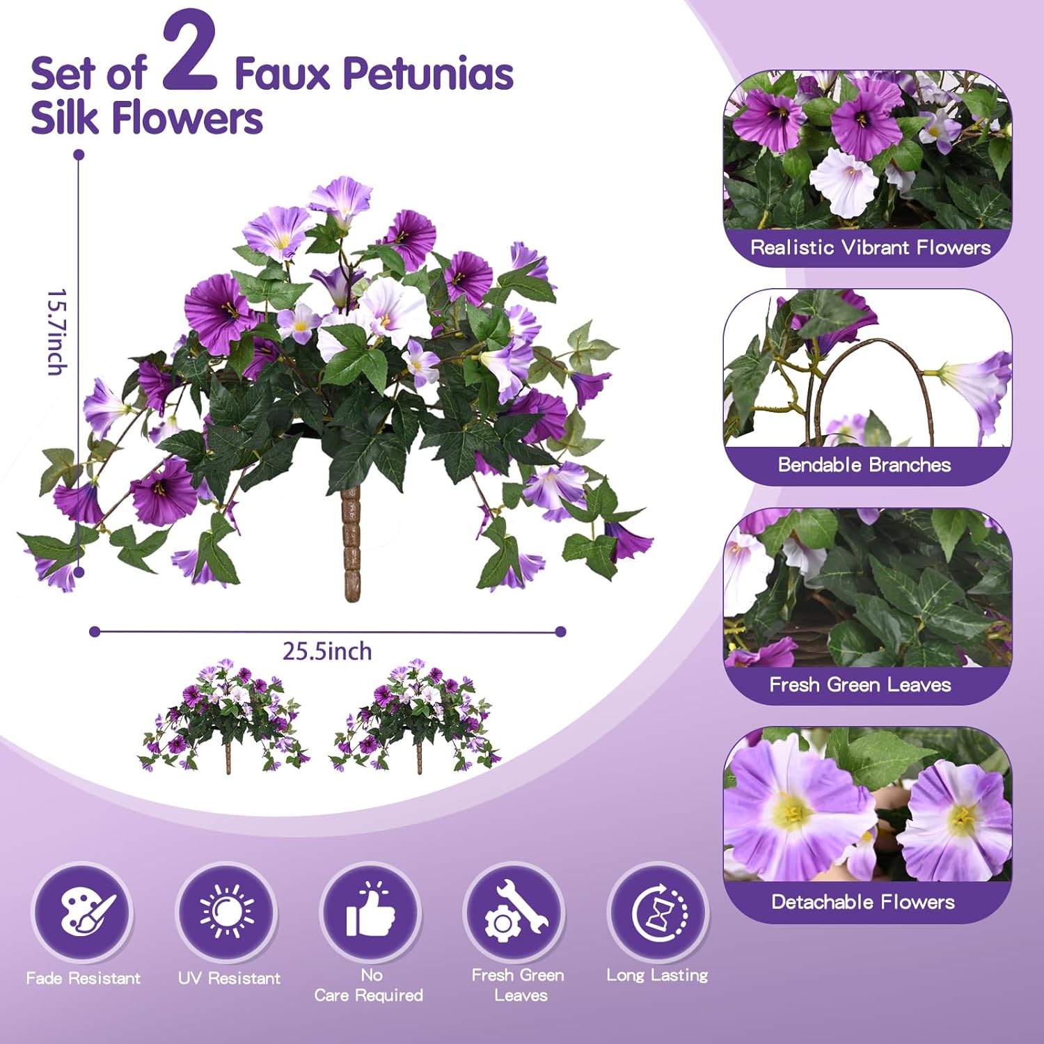 Artificial Flowers for Outdoors with 120 Blooms, Faux Silk Flowers for Outside, UV Resistant Fake Petunias Plants for Hanging Baskets Fence Patio Balcony Garden Cemetery (Purple 2 Packs) - Image 2