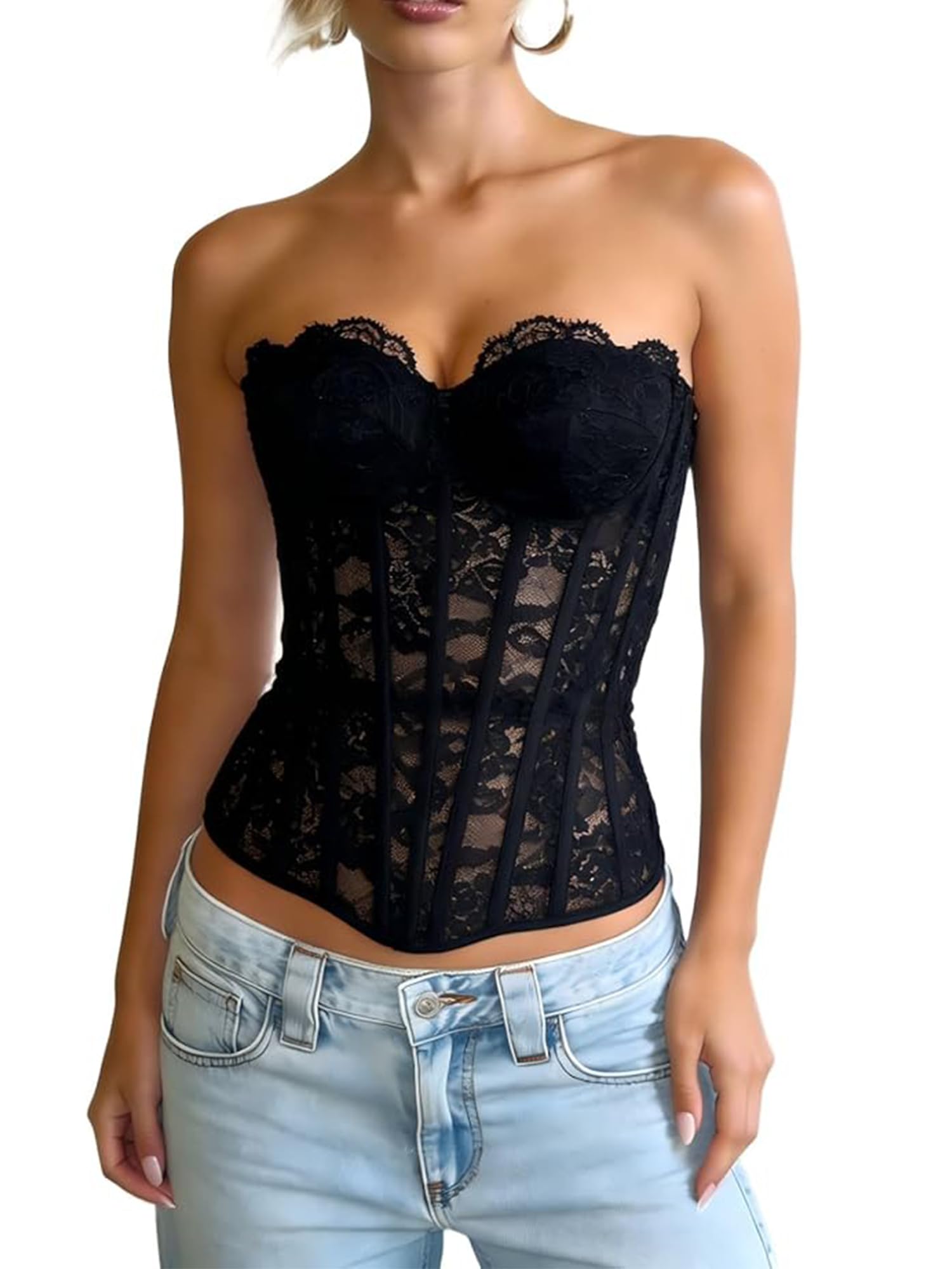 acrawnni Y2k Women's Vintage Zipper Back Sheer Mesh Strapless Bustier Corset Body Shaper Tube Top Sexy Bandeau Bustier Top-picture-34
