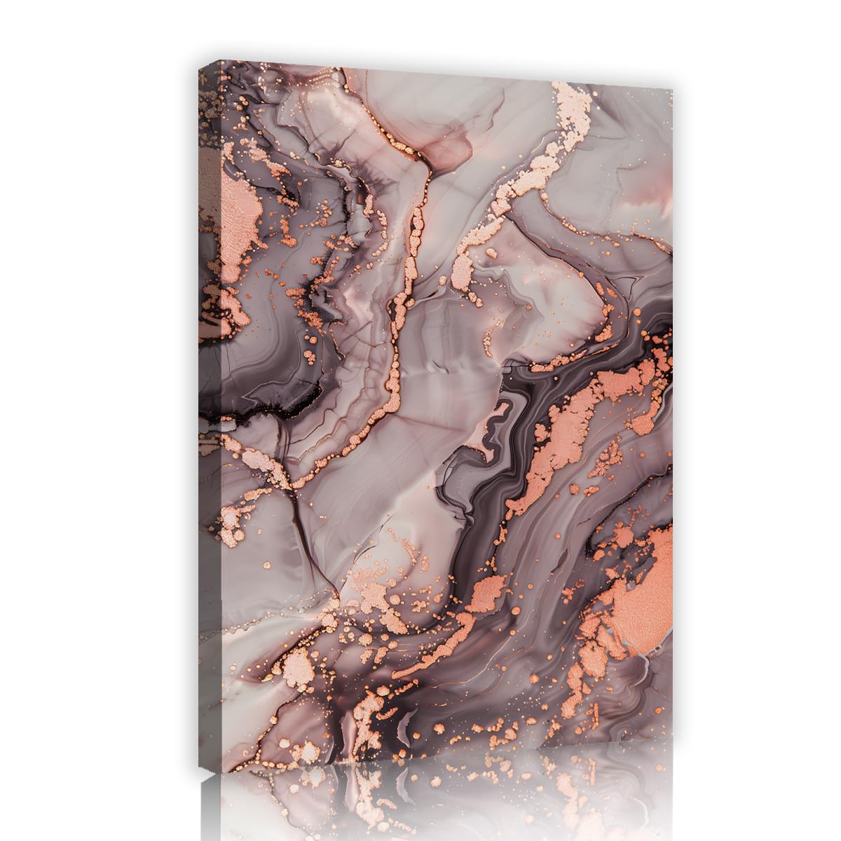 Via Vela Rose Gold Marble Canvas Wall Art, Fluid Liquid Foil Abstract Print, Large Framed Metallic Texture Pictures for Bathroom Restroom Decor, Ready to Hang 70x105cm