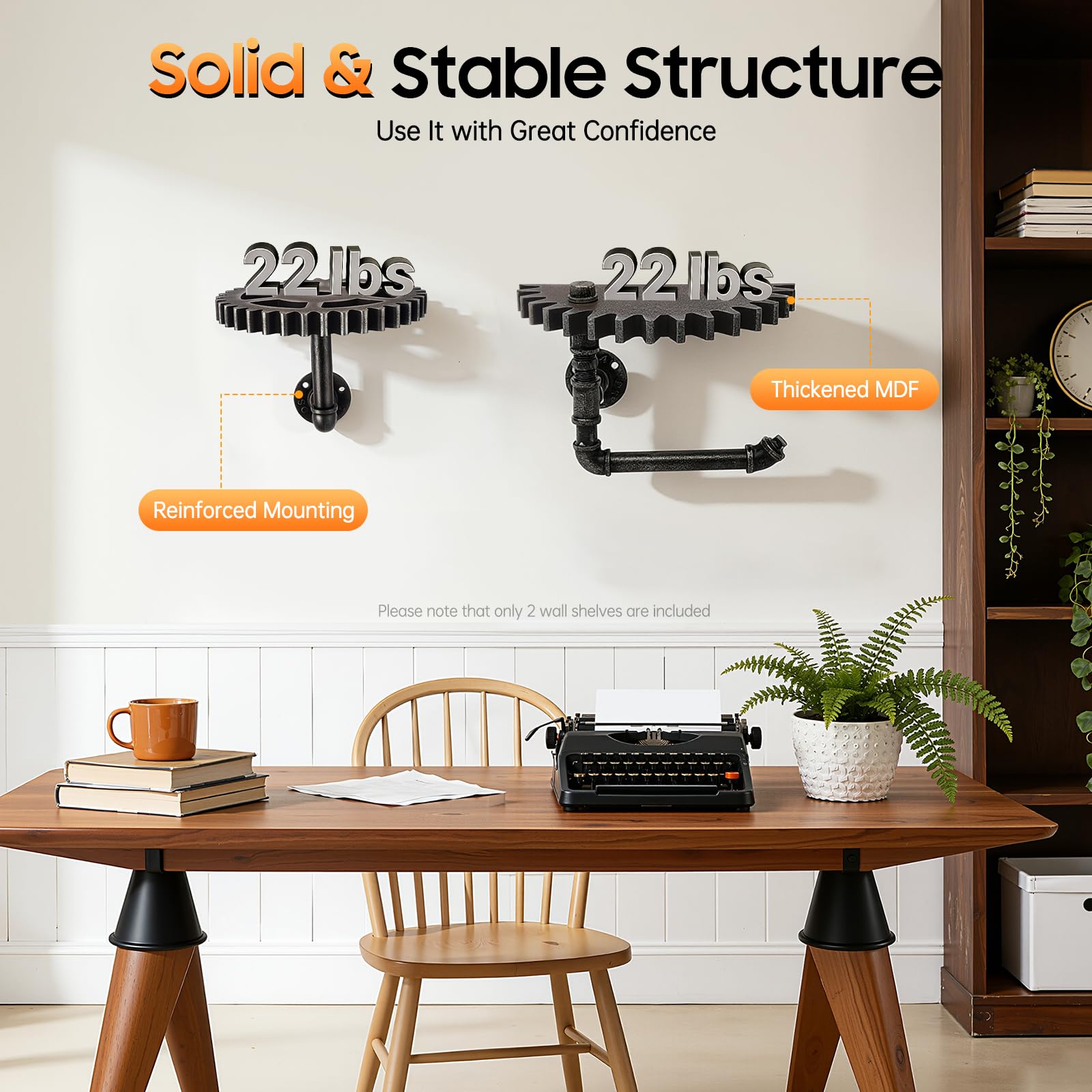 Set di 2 mensole da parete, design industriale, stile vintage, in legno