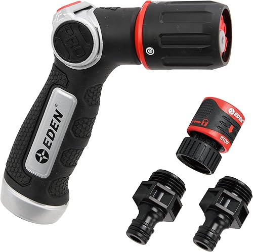 Eden 94827 Boquilla de Manguera de Jardín de Metal Resistente con Control de Pulgar de 4 Patrones con Juego de Conectores Rápidos, Rociador de