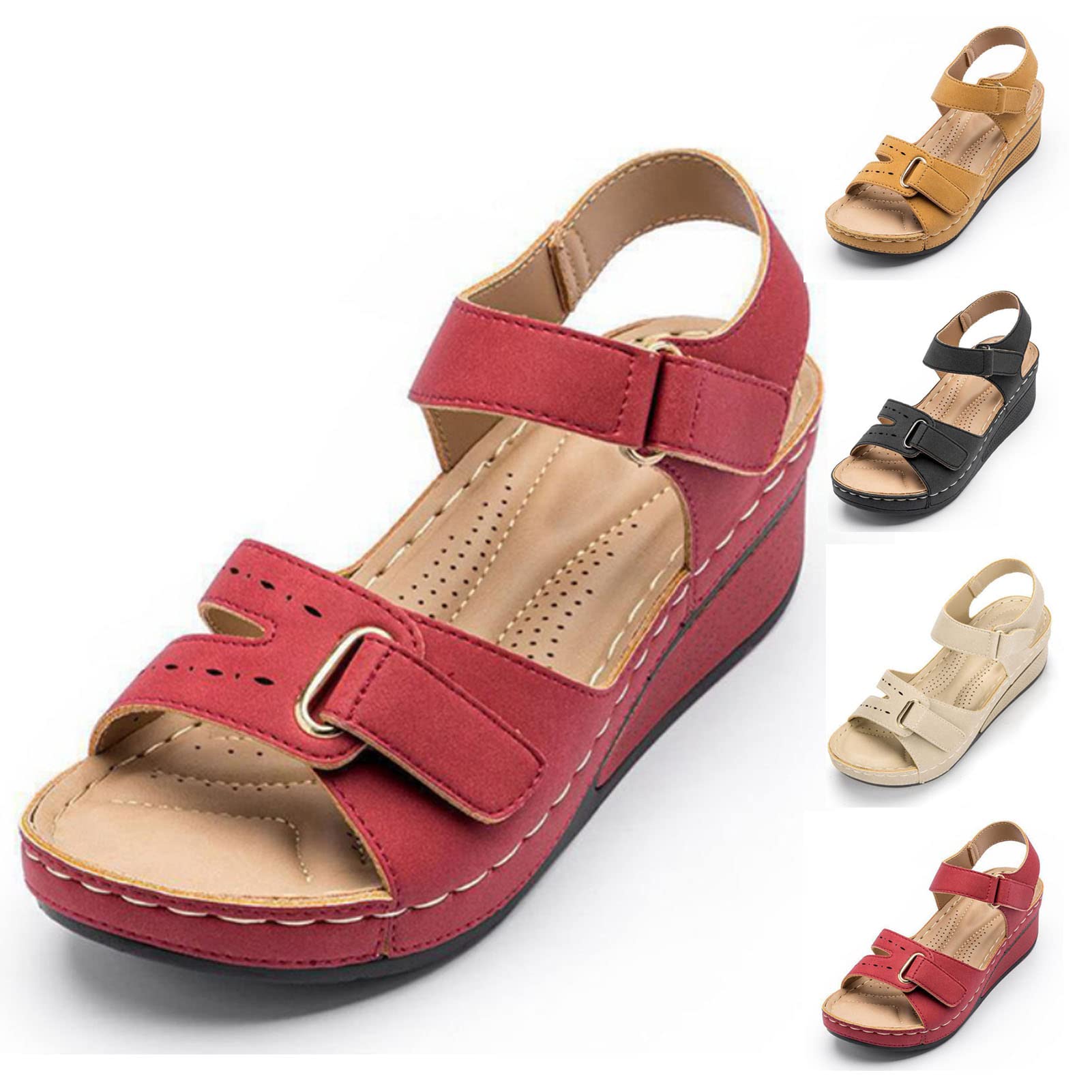 Orthopedic Sandals for Women,arch Support Anti-slip Breathable Sandal, Women Low Wedge Heel Sandals Open Toe Lady Work Summer Shoes Adjustable Straps with Hook & Loop Closure(Size:US 10,Color:Black)