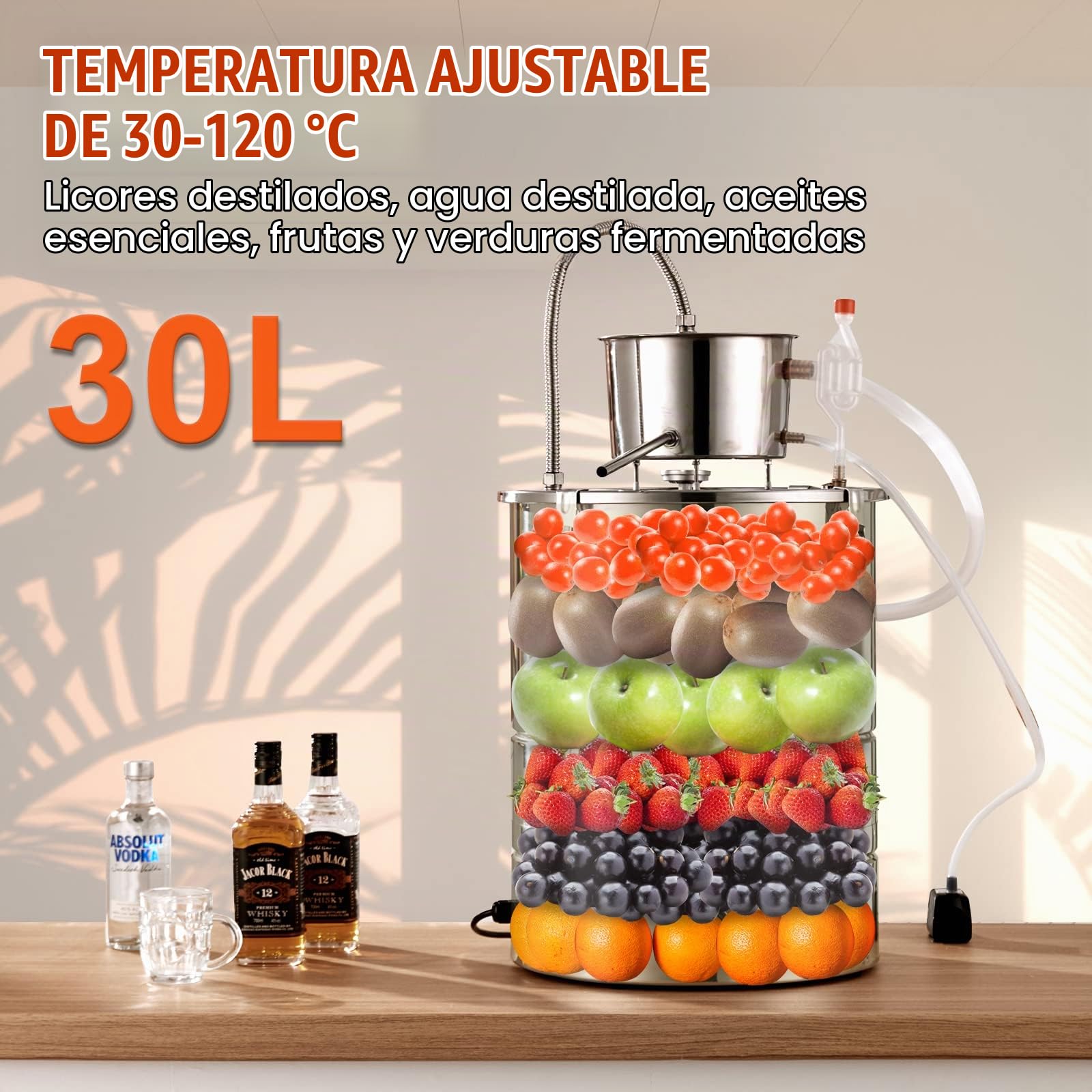VEVOR Destilador de Alcohol de Agua 30 L Alambique de alcohol 1800 W Destilador de Acero Inoxidable con Bomba de Agua 6,8-8 W Juego Completo para Vinos de Frutas, Whisky, Brandy, Champán, Vodka
