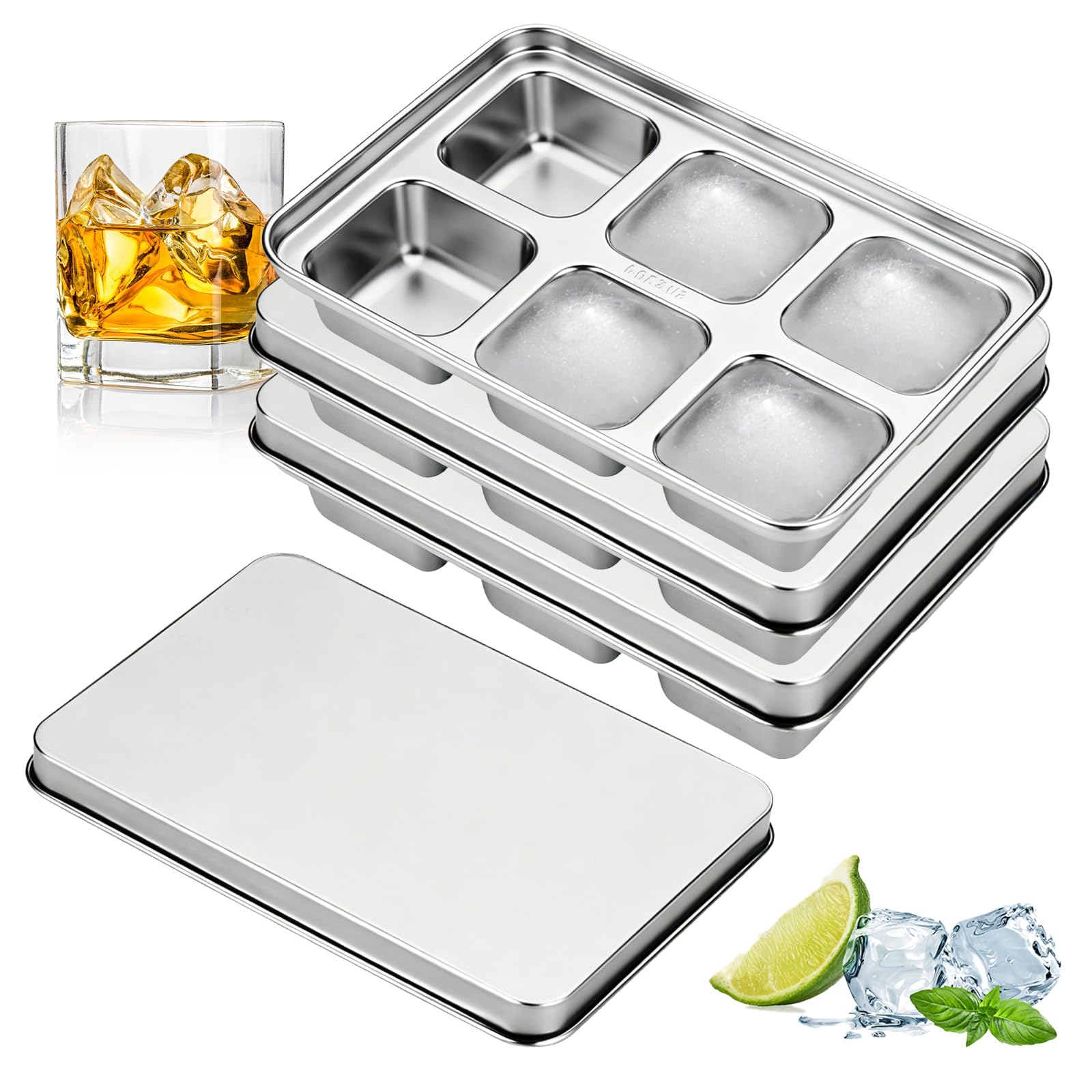 3-Pack Stainless Steel Ice Cube Tray, Large Ice Cube Tray with Lid, 6-Compartment Ice Cube Trays for Freezer, BPA-Free, Ideal for Cocktails & Whiskey