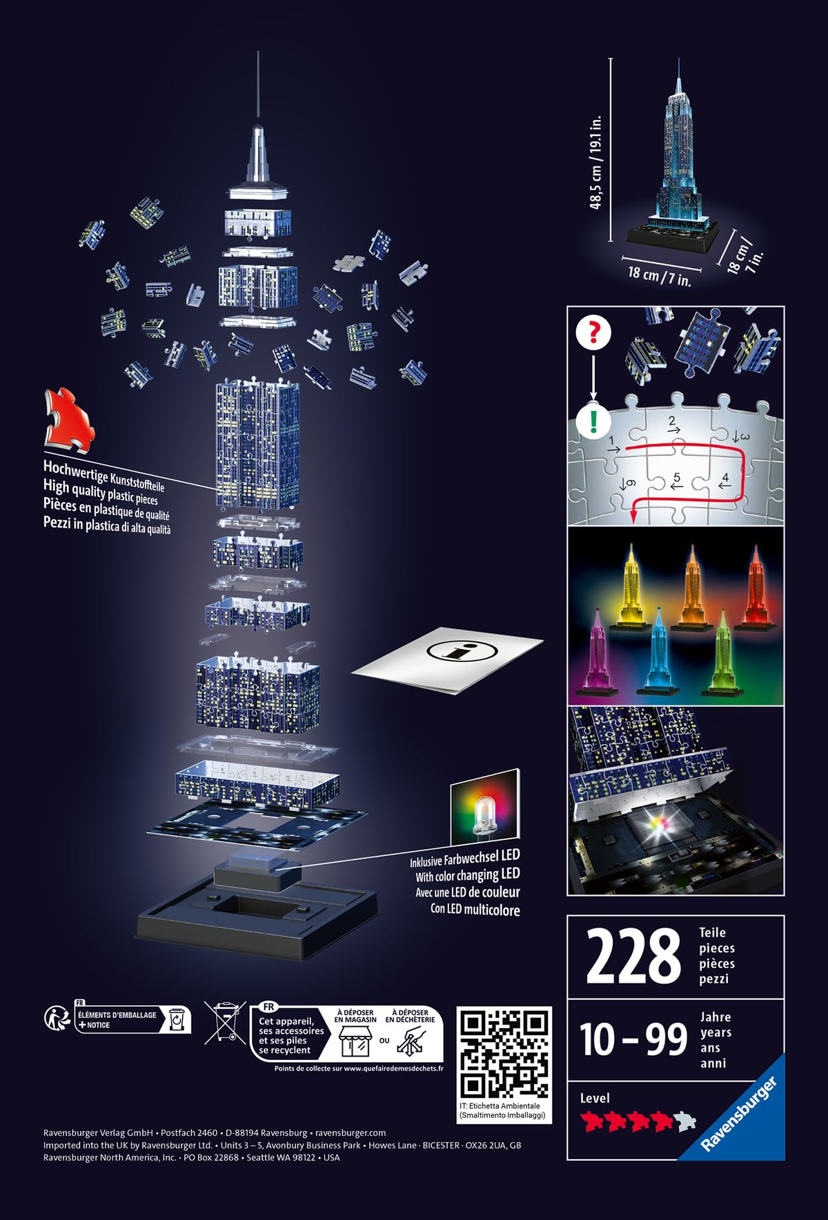 Ravensburger - Puzzle 3D Empire State Building Notturno LED, 228 Pezzi