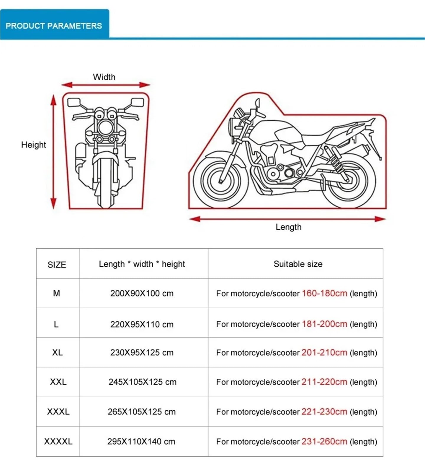 Wodoodporny pokrowiec na motocykl Pokrowce na motocykle Osłona ochronna UV Motor Scooter Bike Osłona pyłoszczelna Wewnątrz, na zewnątrz Elastyczna tkanina pokrywa samochoduwodoodporna(Red,M for 160-18