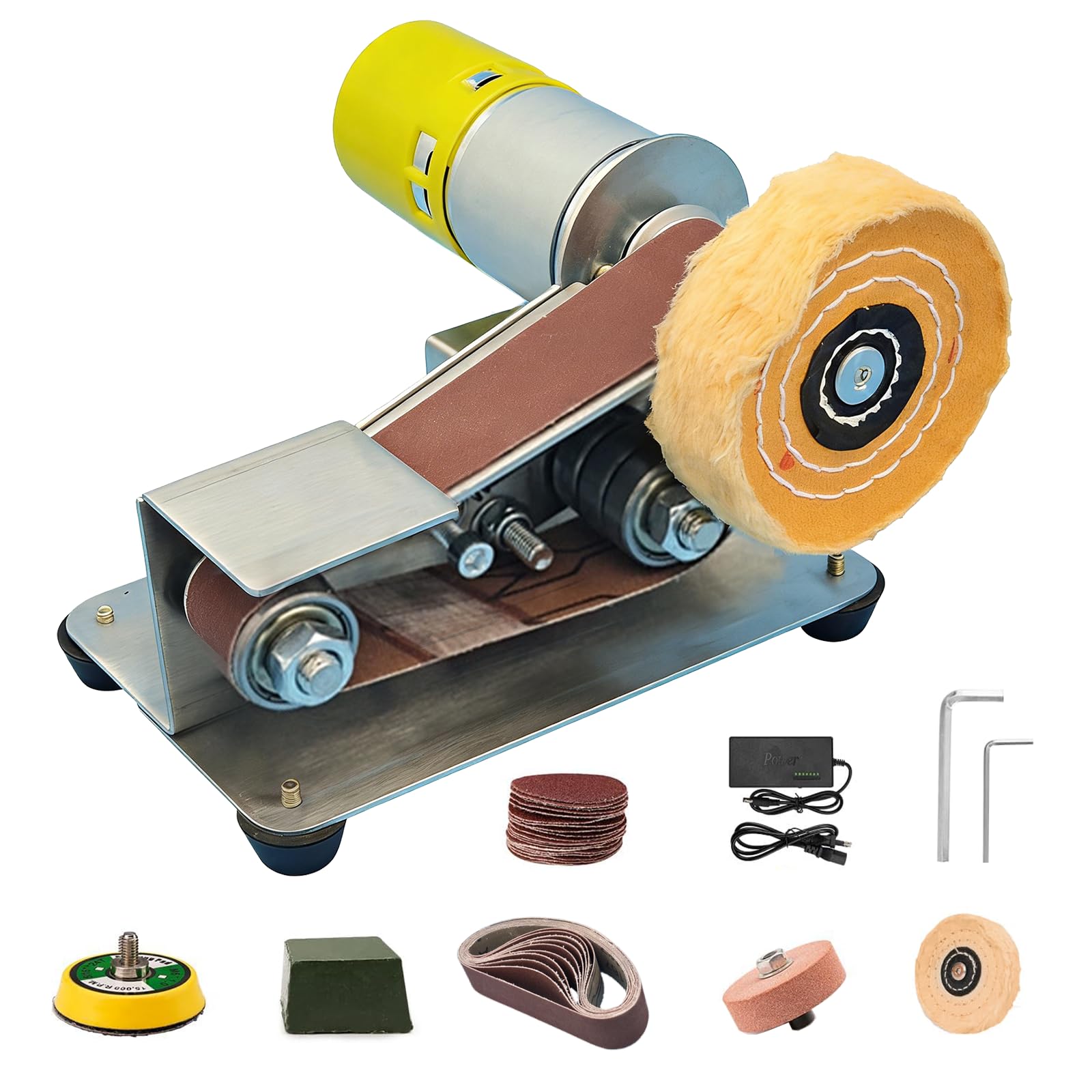 Mini Belt Sander, Electric Belt Sanding Machine with 7 Adjustable Speed and 10 Sanding Belts, Knife Sharpener Bench Grinder Kit, Multifunctional Bench Polishing Grinder for Sanding Metal and Wood