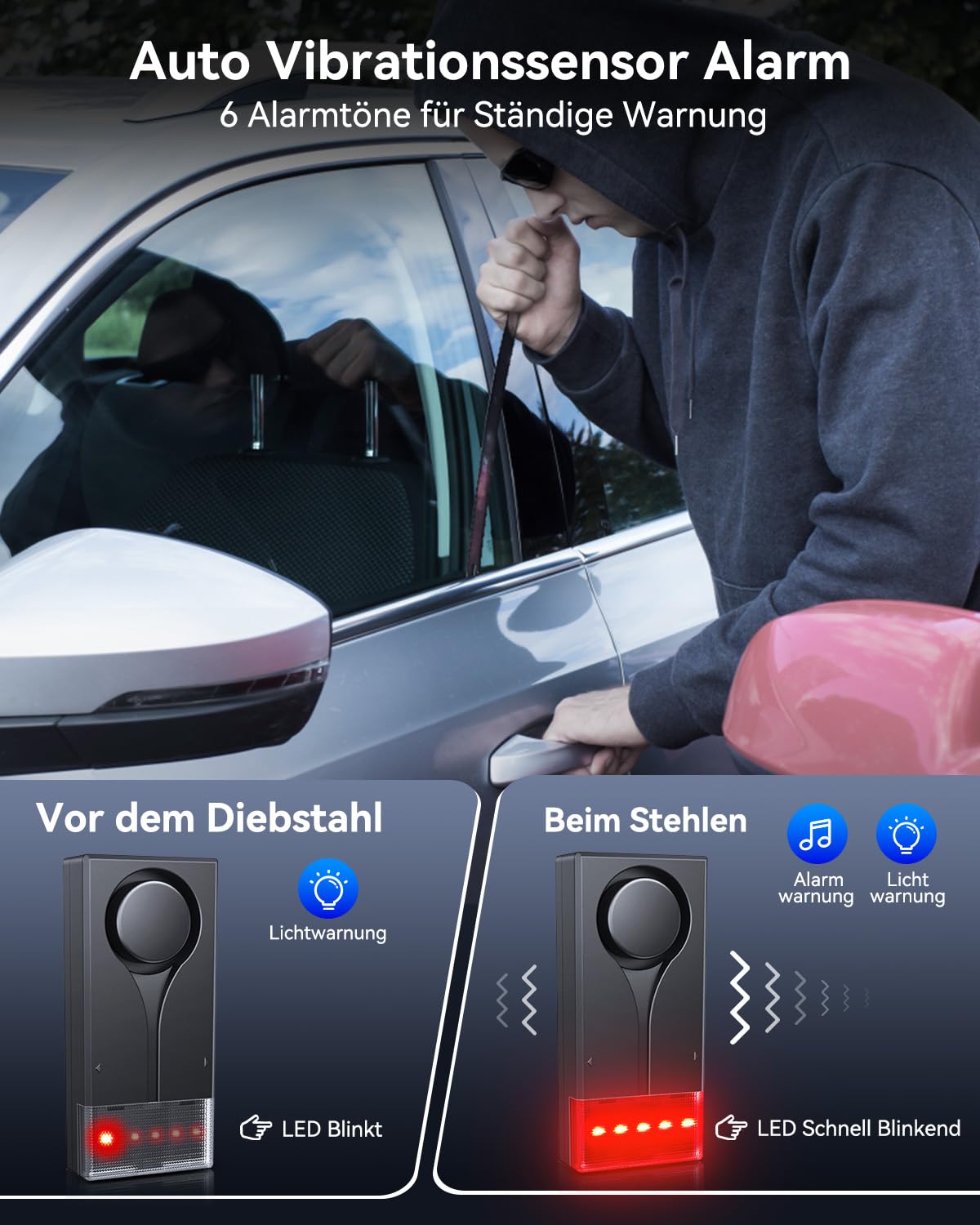 Alarmanlage Auto, Drahtloser Vibrationsalarm, Fahrzeug-Diebstahlschutzsystem, 108dB Einbruch-Sicherheitsalarmanlage Mit Fernbedienung, Einbruchalarm Mit Magnetischer Befestigung für Auto, LKW