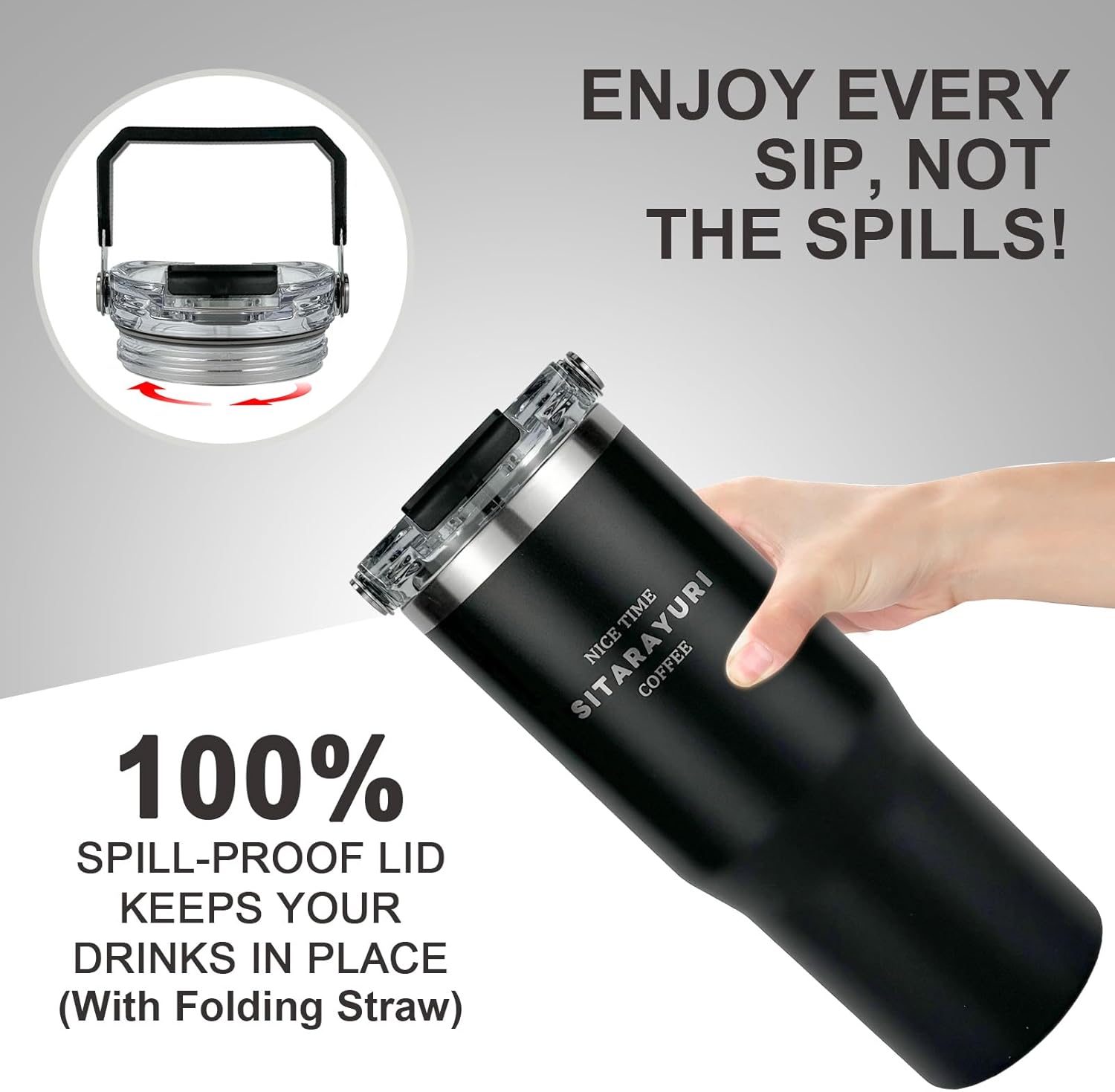 Insulated tumbler with lid and straw,tumbler with handle and flip straw cup traveler 30 oz water bottle mug Vacuum Sealed Cupholder Friendly BPA-Free Leak-Proof (Black) - Image 4