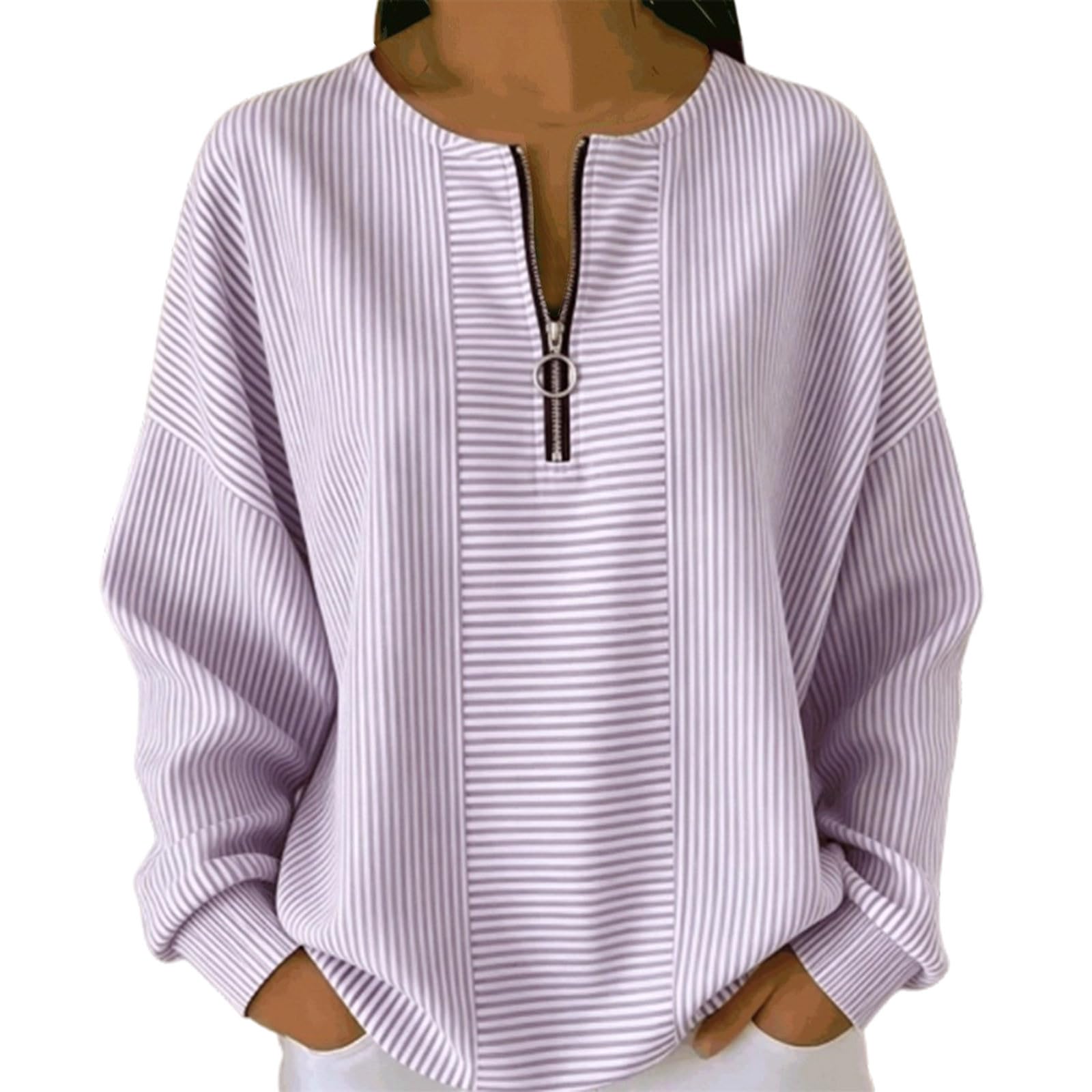 Tee Shirt Femme Manches Courtes Haut Chic Et Elegant Blouse Top Haut rayé en de Saison Coupe décontractée Manches Longues Fermeture éclair partielle et col Rond Disponible en Grandes