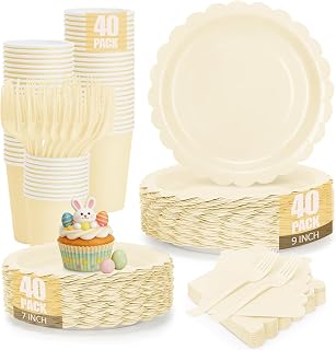 200Pcs Ivory Paper Plates and Napkins, 9’’and 7’’ Disposable Scalloped Cream Party Plates Cups Napkins Forks Set Party Supplies for Baby Shower Bridal Shower Birthday Party Decorations, Serves 40