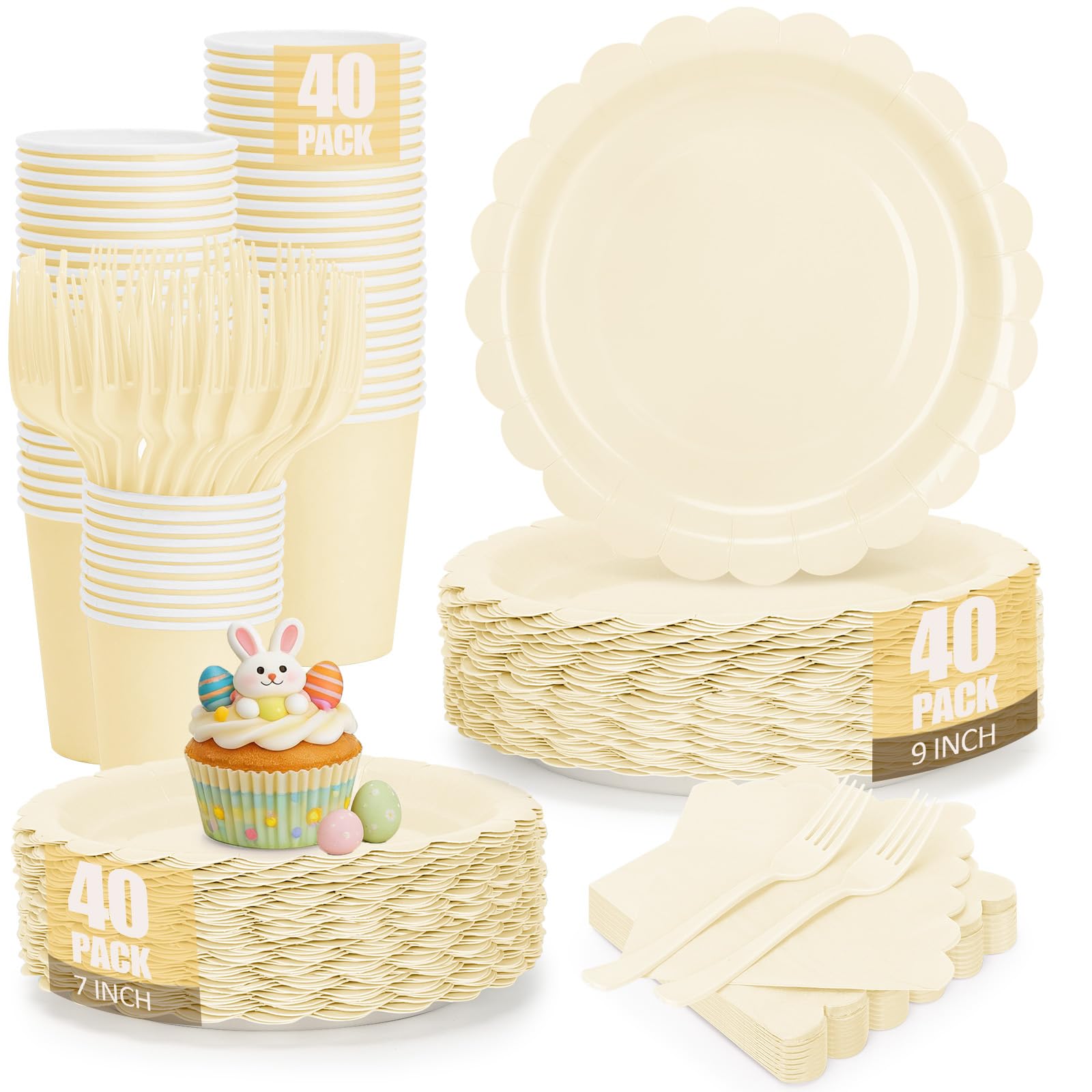 Photo 1 of 200Pcs Ivory Paper Plates and Napkins, 9’’and 7’’ Disposable Scalloped Cream Party Plates Cups Napkins Forks Set Party Supplies for Baby Shower Bridal Shower Birthday Party Decorations, Serves 40