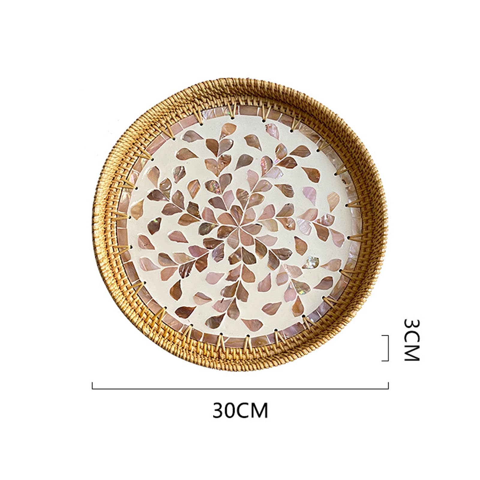 Vassoio da portata in rattan con madreperla, vassoi in vimini intrecciati a mano, con 2 piccoli sottobicchieri rotondi in rattan per caffè, frutta e snack, ideale per decorare la tavola (foglie