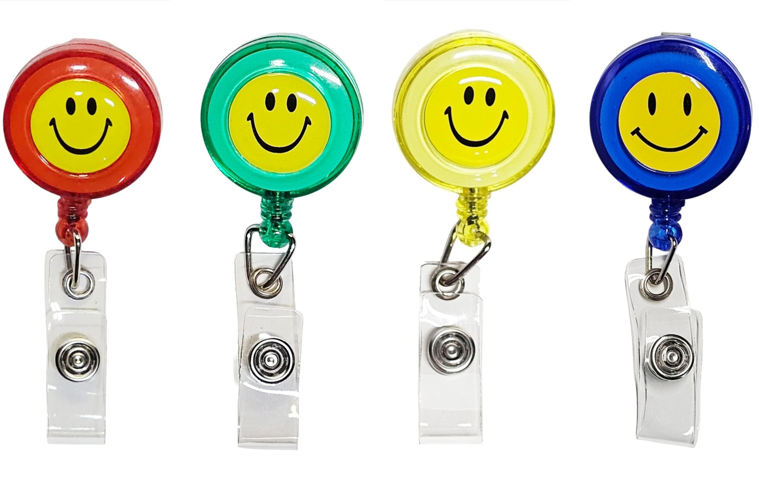 Retractable Badge Reel with Alligator Clip for ID Name Badge Holder, Plastic Smiley Face Reel (4-Reels: Red Green Yellow Blue)