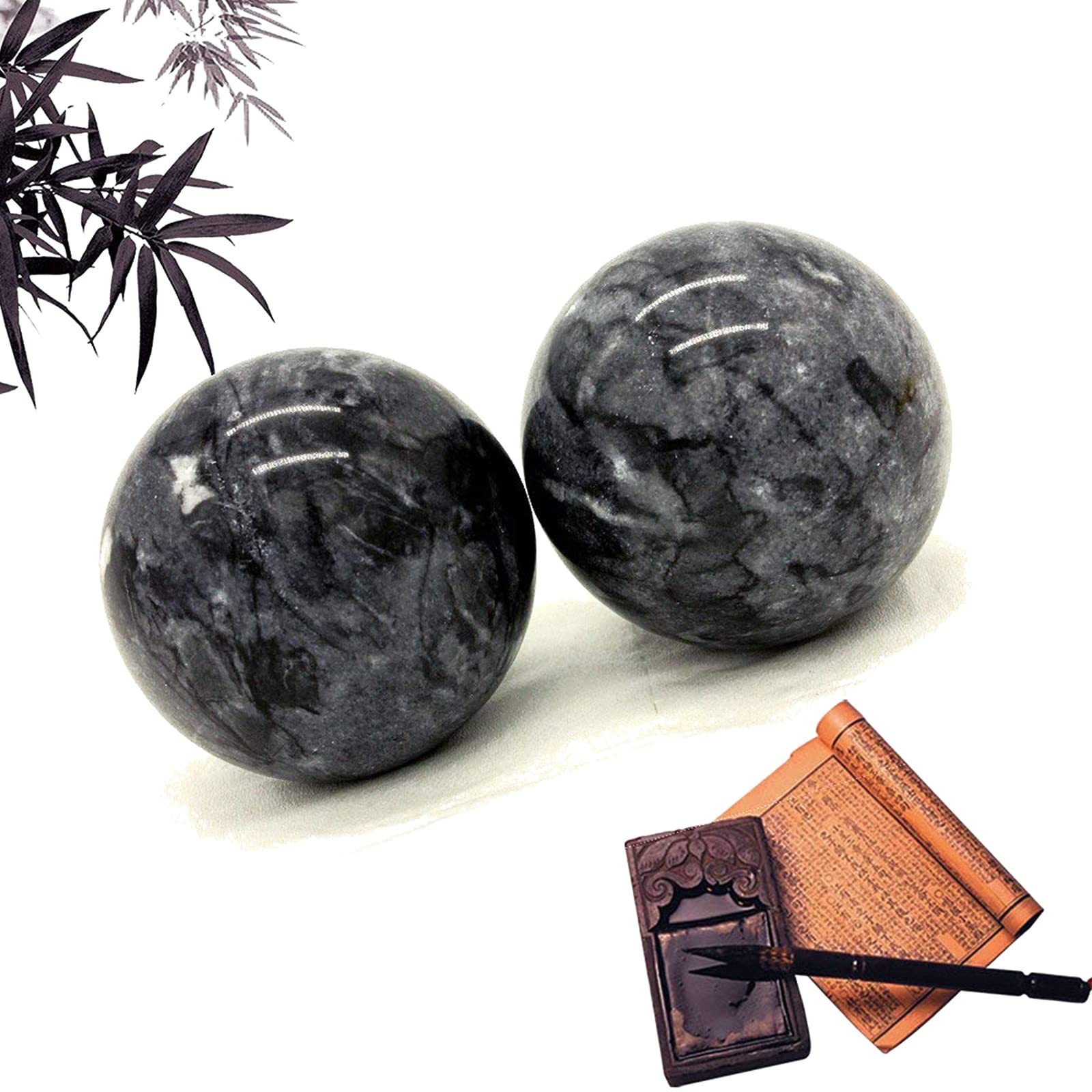 Balles Chinoises En Marbre 5 Cm – Noir Et Gris – Relaxation Et Thérapie Des Mains Sans Carillon