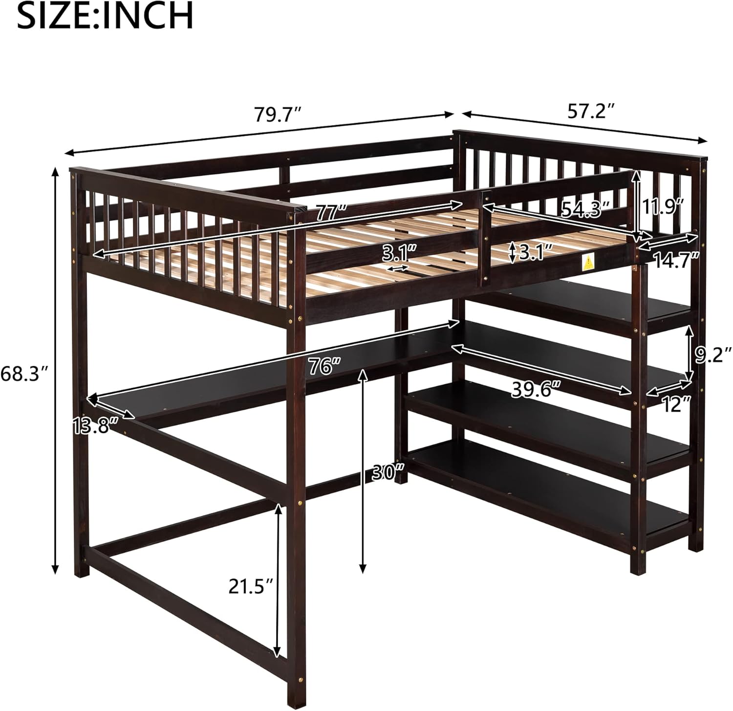 Full Size Loft Bed with Desk & 4-Storage Shelves, Wood Loft Bed Frame with Safety Guard Rail and Under-Bed Desk, Noise Free, No Box Spring Needed, Espresso
