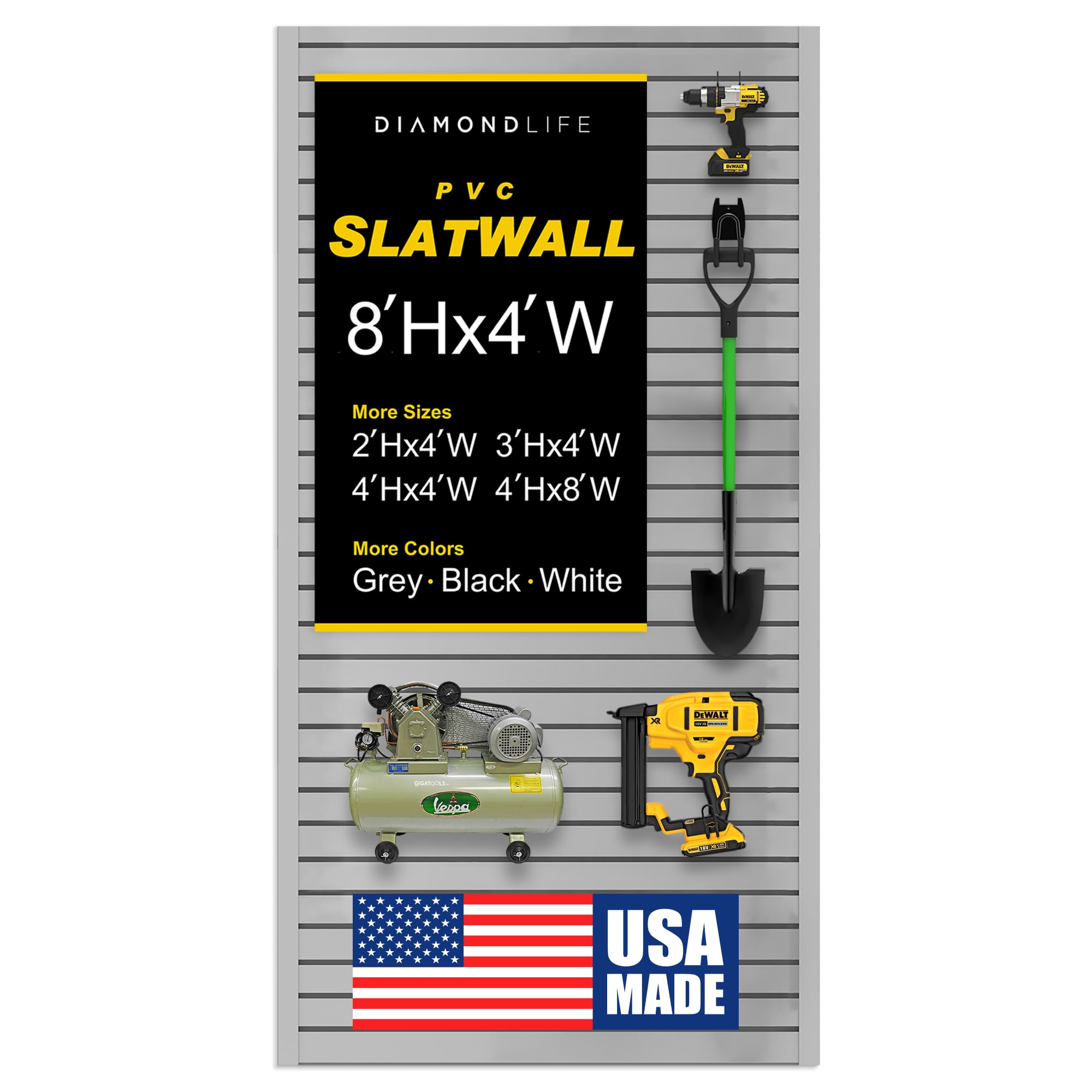 Heavy Duty 8x4 PVC Garage Slatwall Storage System (with Endcaps & Screws) - Modular Slat Wall Paneling for Garage Wall Organizer - Interlocking Slatwall Panels for Home & Commercial Use (Grey)