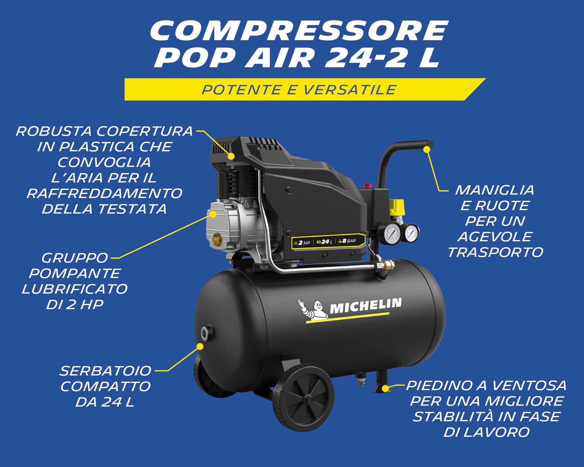 MICHELIN, Kompresor powietrza MX POP AIR 24-2 l, zbiornik 24 l z kółkami, silnik 2 KM, maksymalne ciśnienie 8 bar, przepływ powietrza 195 l/min