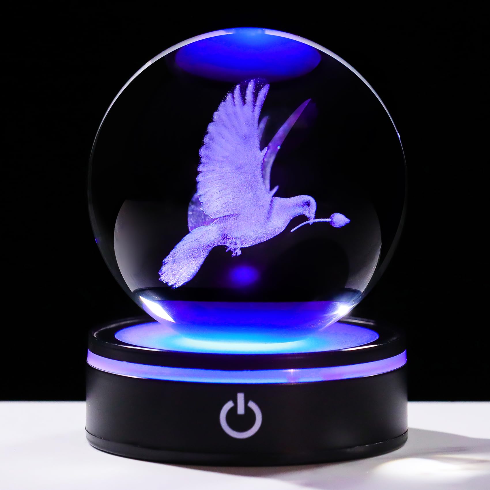YWHL 3D Peace Dove Figurine Crystal Ball with Colorful Light Base, Dove Gifts for Women Men Best Friend on Christmas Birthday, Laser Engraved Glass Pigeon Statue Sphere for Home Decor(80mm)