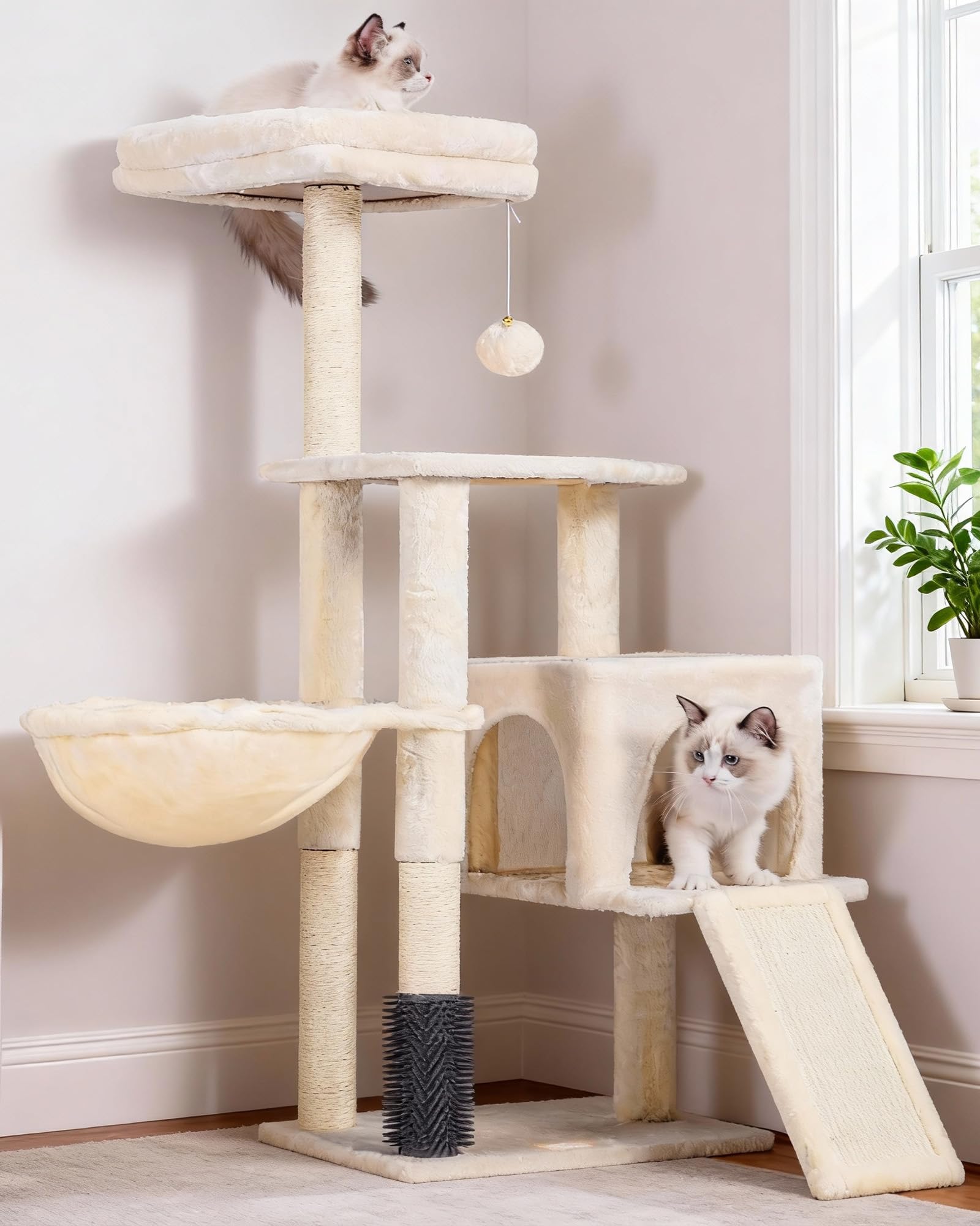 Heybly Albero Per Gatti, Il Pennello di Autocurazione, l'Albero per Gatto Domestici, con Peluche Lisce, Poltrona di Riposo, Nido per Gatti e Paletti per Graffiare, Beige HCT005SM
