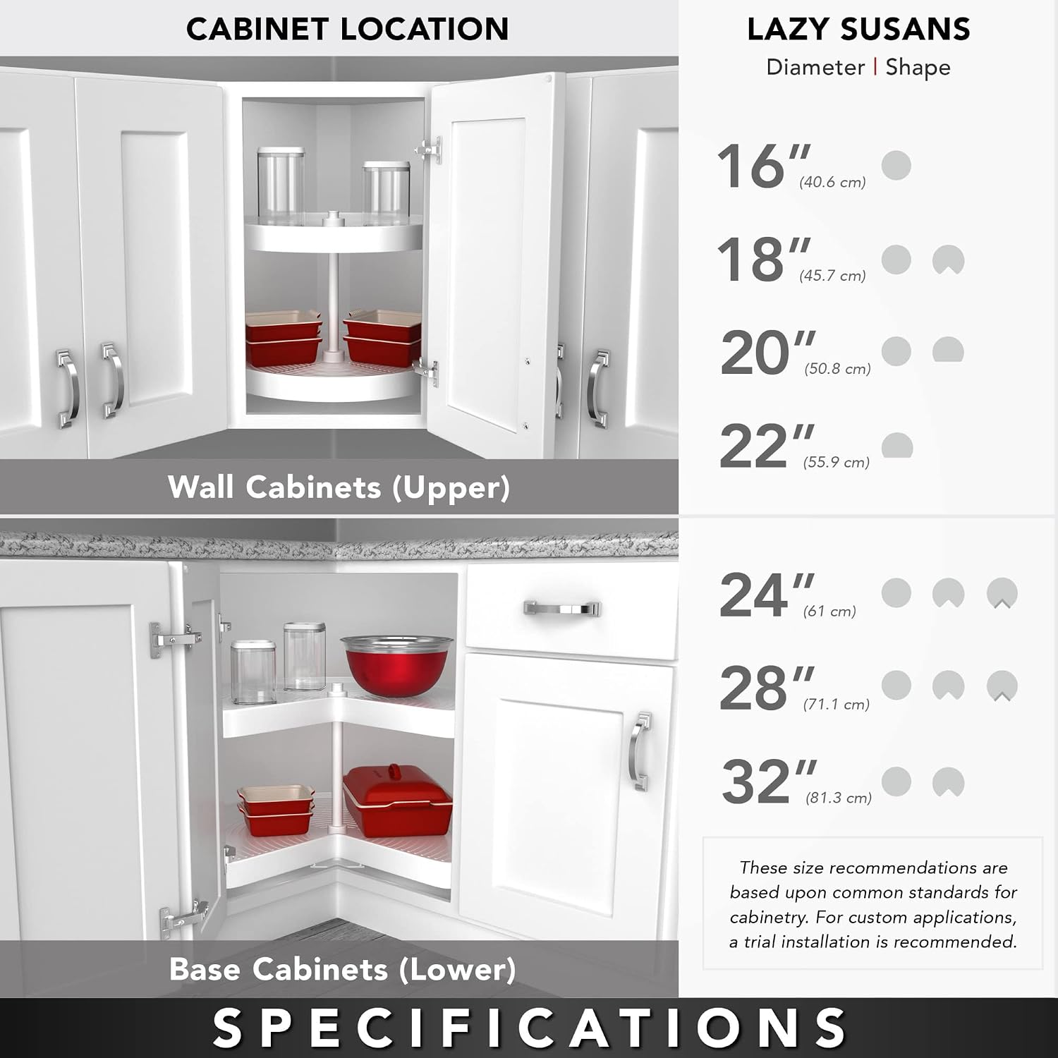 Rev-A-Shelf 3472-32-11-52 32-Inch Polymer Adjustable Kidney Shaped Kitchen Corner Base Cabinet 2-Shelf Tier Lazy Susan, White