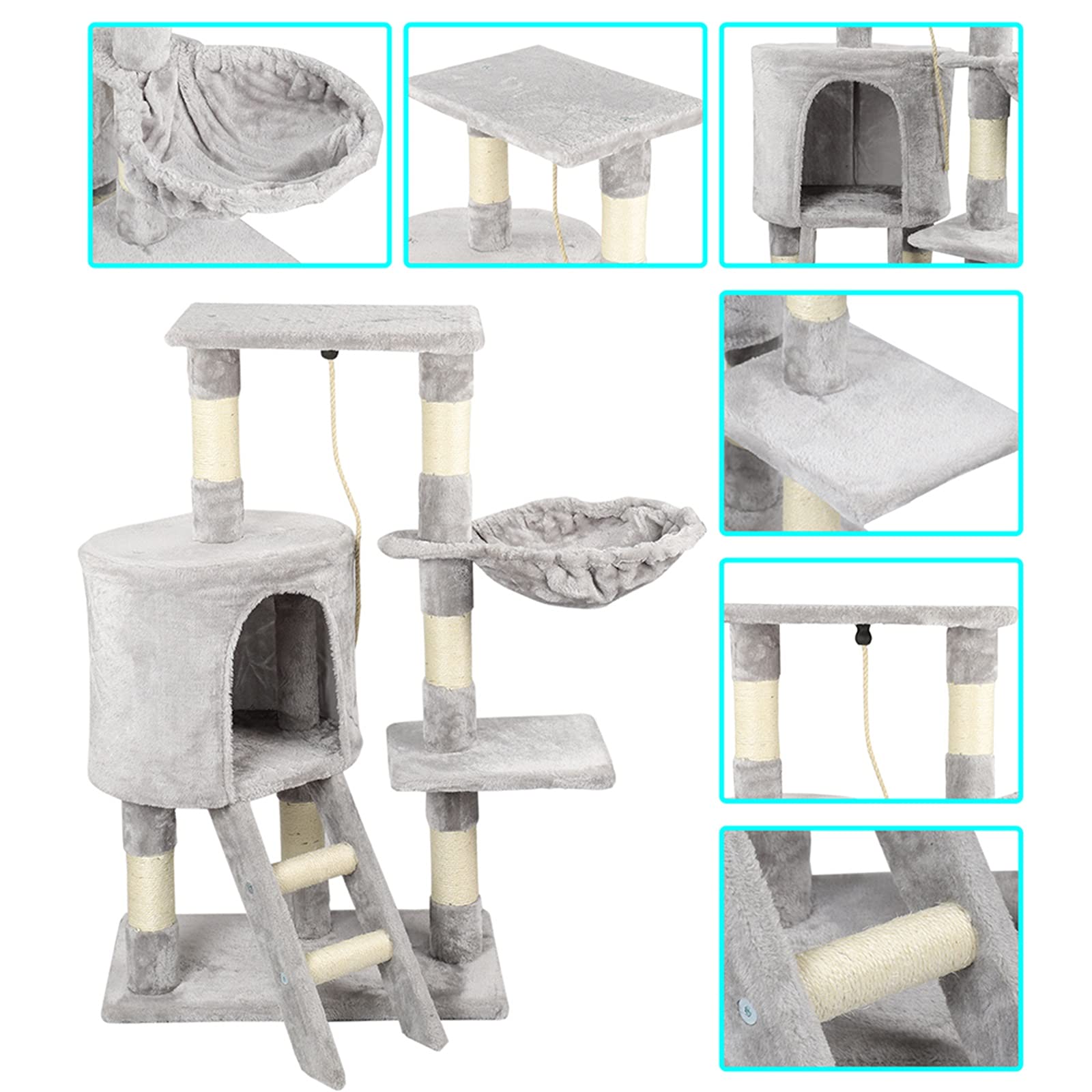 Árbol rascador para gatos, altura de 96 cm, con cuevas, superficies de descanso, escaleras y troncos de sisal, estable (C-gris)