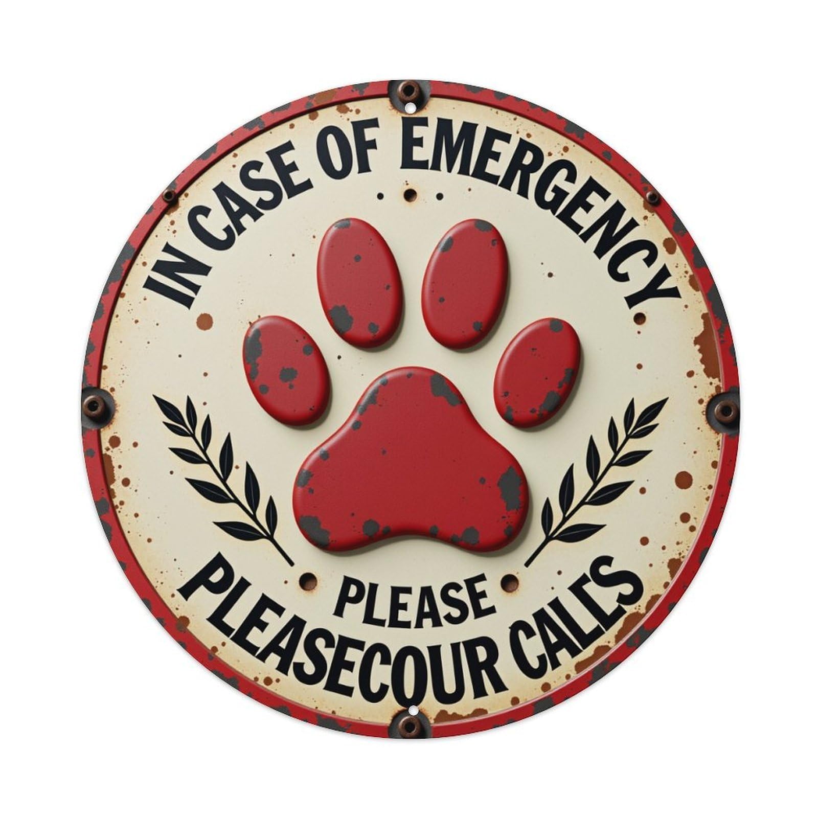 Paw Print Emergency Sign With Laurel Round Tin Sign Vintage Metal Poster, Home Bar Garage Man Cave Cafe Indoor & Outdoor Wall Decoration 8x8Inches