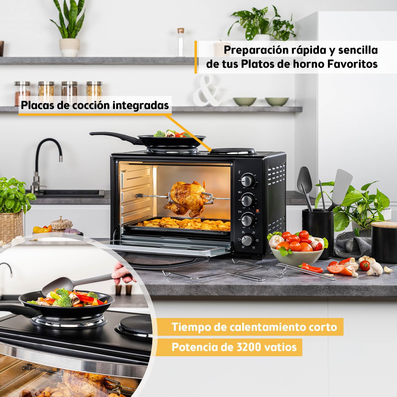 TZS First Austria Mini Horno 30L 3200W con Quemadores para Pizza 230°C 6 Modos