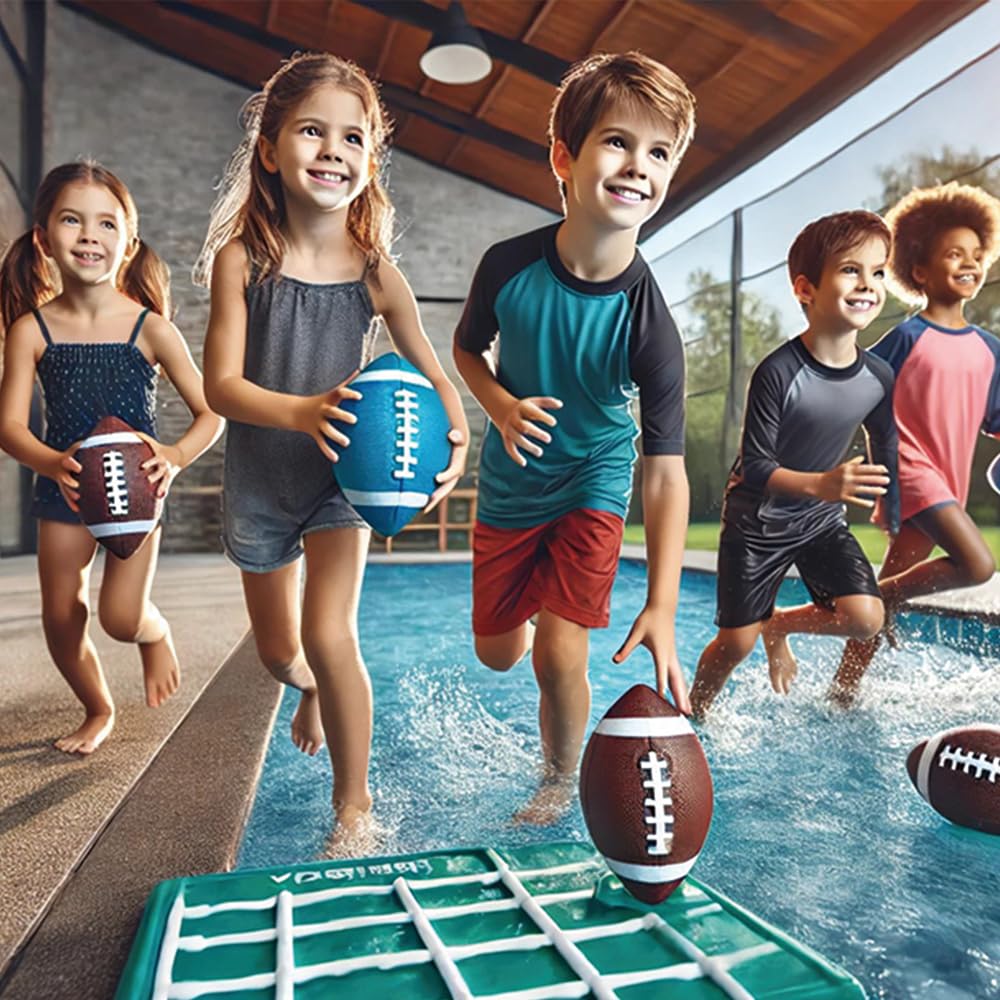 AppleRound 3-Pack 8-Inch Waterproof Footballs for Pool, Beach, & Backyard - Ideal for Water & Land Play - Inflatable Toy Balls with Air Pump - Outdoor Fun, Pee-Wee Junior Size for Kids & Teens (Blue)