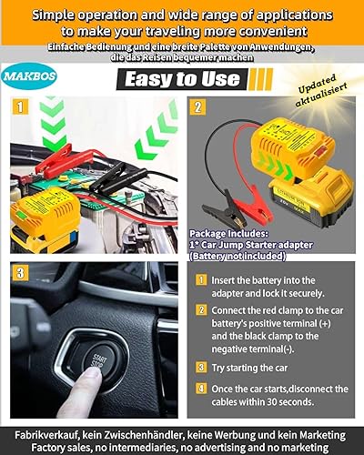 Miniatura 5 de Adaptador de arranque de puente para DeWalt 20V 60V batería cables de salto de coche, hasta 3.5L gasolina o 6.5L motores diésel, 12V portátil