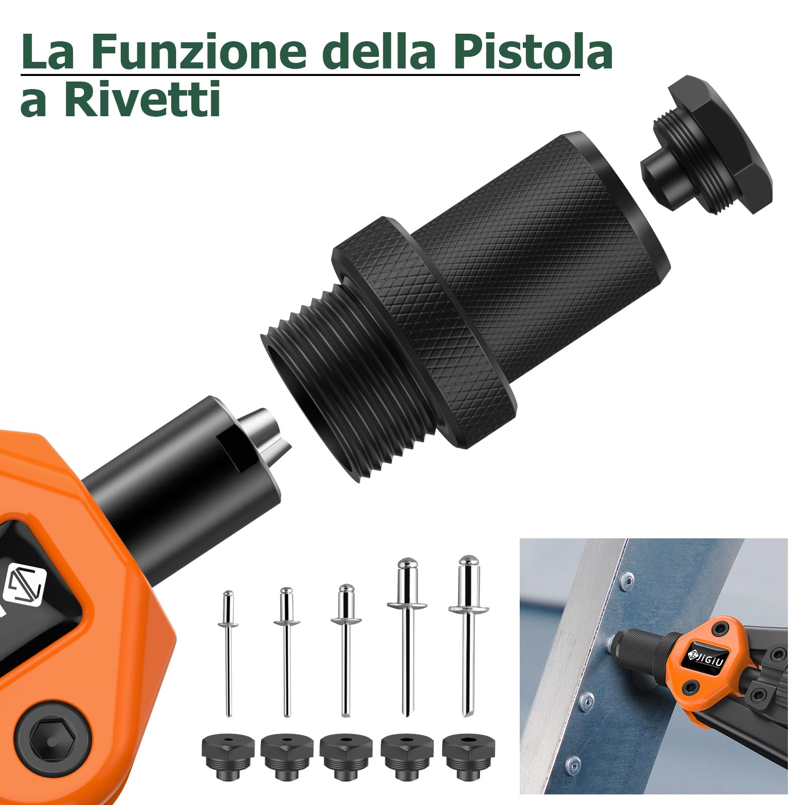 JiGiU Rivettatrice Professionale 2 in 1 per Inserti Filettati-7pz Mandrini Metrici 110 Dadi 5 Diverse Misure Doppio Manico di Rivettatrici-50 pz Rivetti per Lavori Edili-Nero Arancione