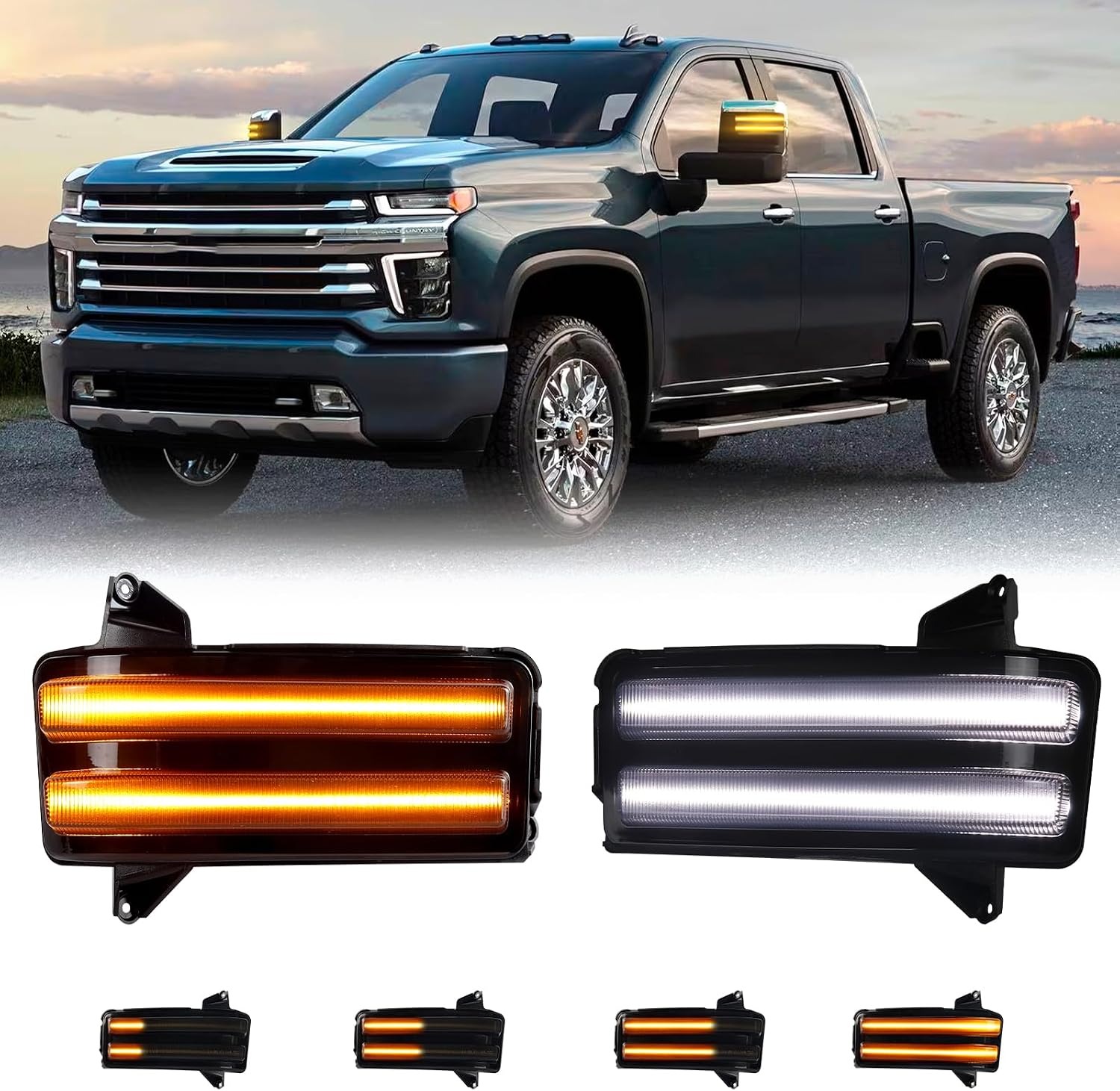 Sequential Side Mirror Turn Signal Light Compatible with 2020-2024 Chevy Silverado/GMC Sierra 2500 3500, Switchback Tow Mirror Lamps, Amber Dynamic & White Parking Light, Smoked Lens 2PCS
