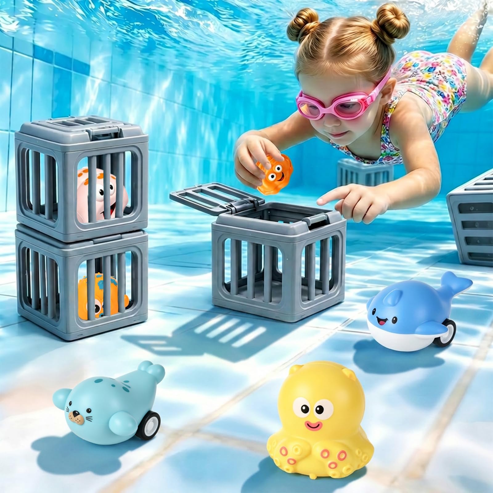 Swimming Pool Toys, Seek and Splash Pool Game with 6 Ocean Animals & Cages