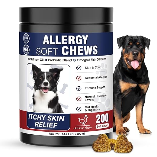 Allergy Relief Chews for Dogs 200 Treats Dog Seasonal Allergy and Immune Bites Dog Itching Skin Anti Itch Licking Paws Treatment Itchy Skin Relief Allergies Support Probiotic Chew Supplement for Dogs